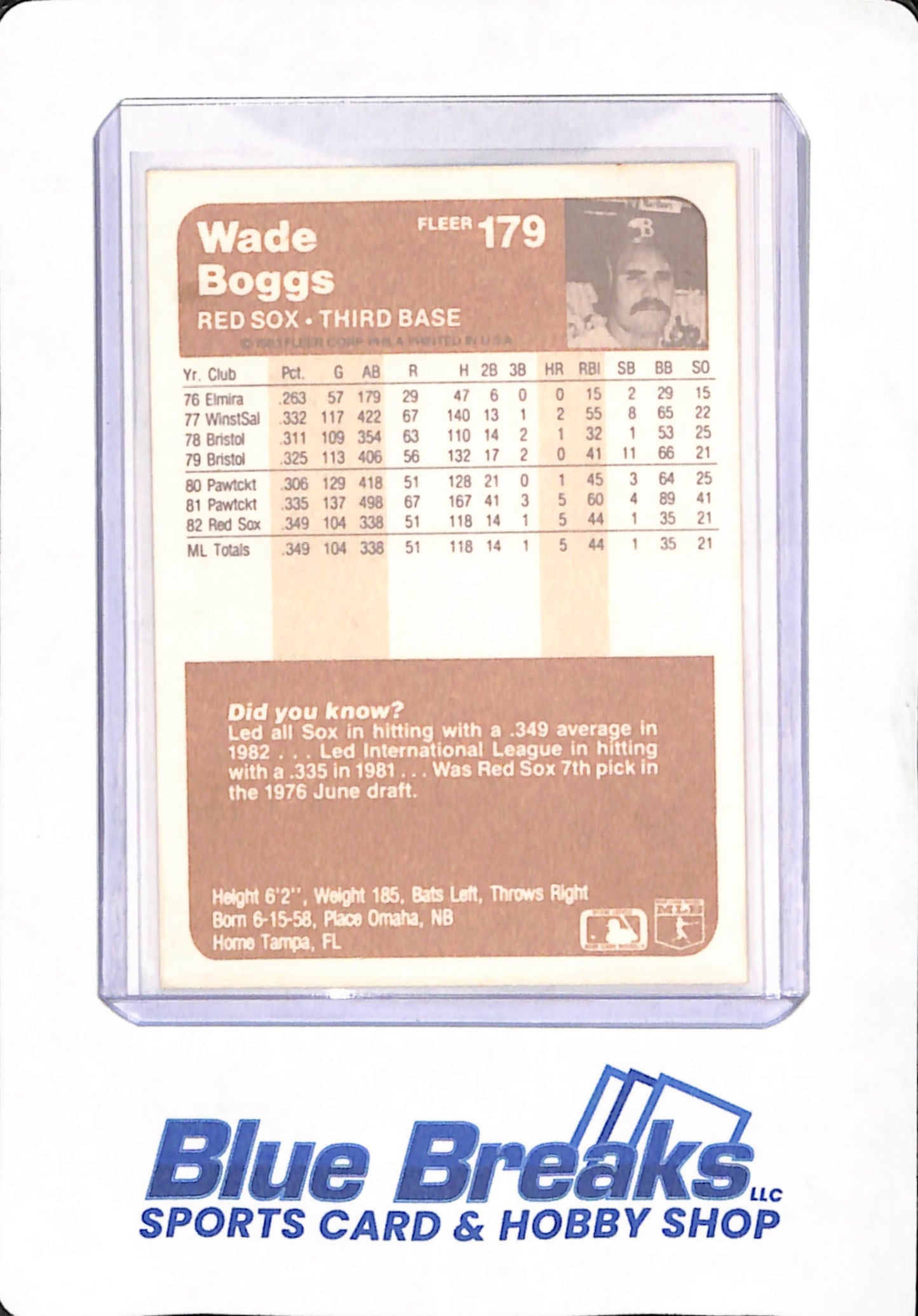 1983 Fleer - Wade Boggs - Baseball - Boston Red Sox - # 179