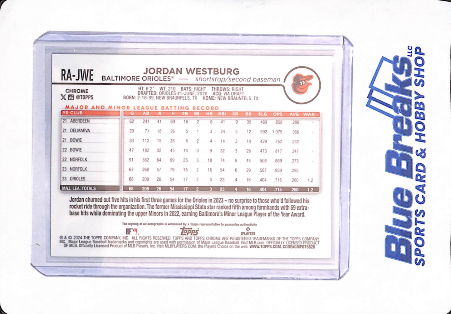 2024 Topps Chrome - Jordan Westburg - Baseball - Baltimore Orioles - Autographed - RA-JWE