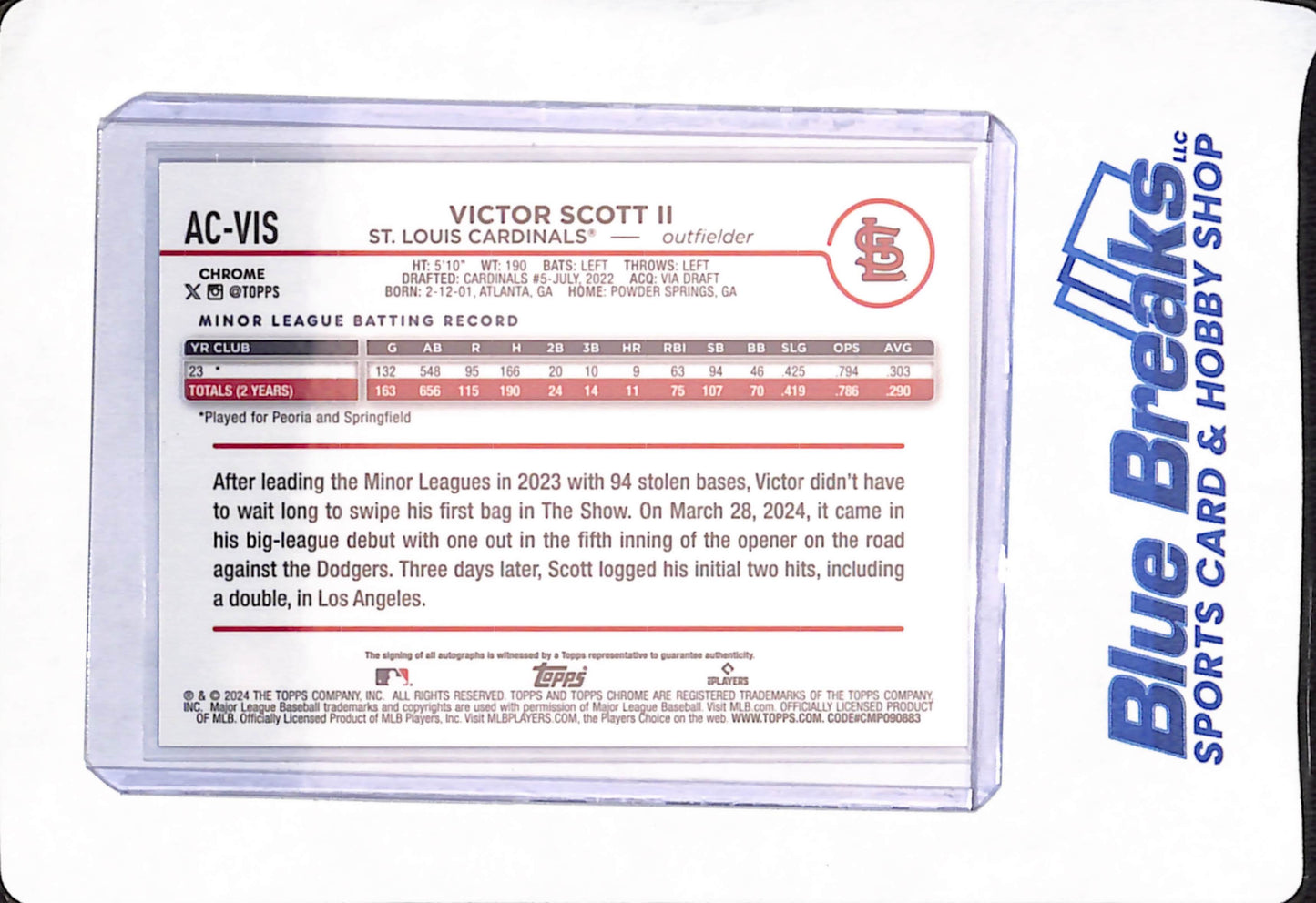 2024 Topps Chrome - Victor Scott II - Baseball - St Louis Cardinals - Rookie - Autographed - Blue - 24/150