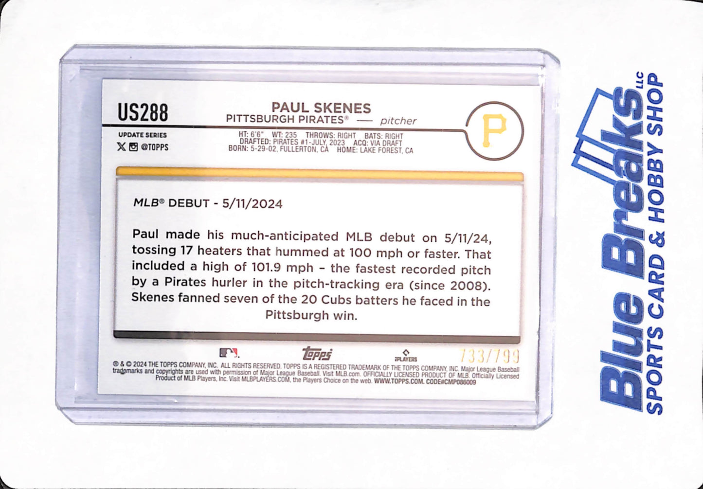 2024 Topps Update Series - Paul Skenes - Baseball - Pittsburgh Pirates - Purple - Rookie - 733/799