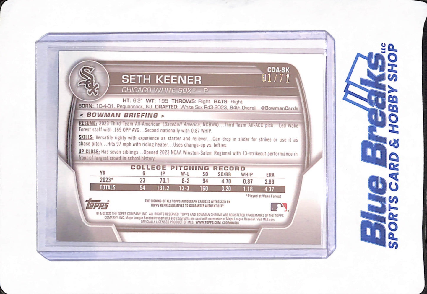 2023 Bowman Chrome 1st - Seth Keener - Baseball - Chicago White Sox - # CDA-SK - 1/71 - Speckle Refractor - Autographed