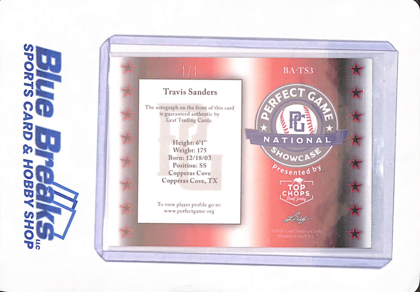 2021 Leaf Perfect Game - Travis Sanders - Texas Tech Red Raiders - Baseball - 1/1 - Autographed