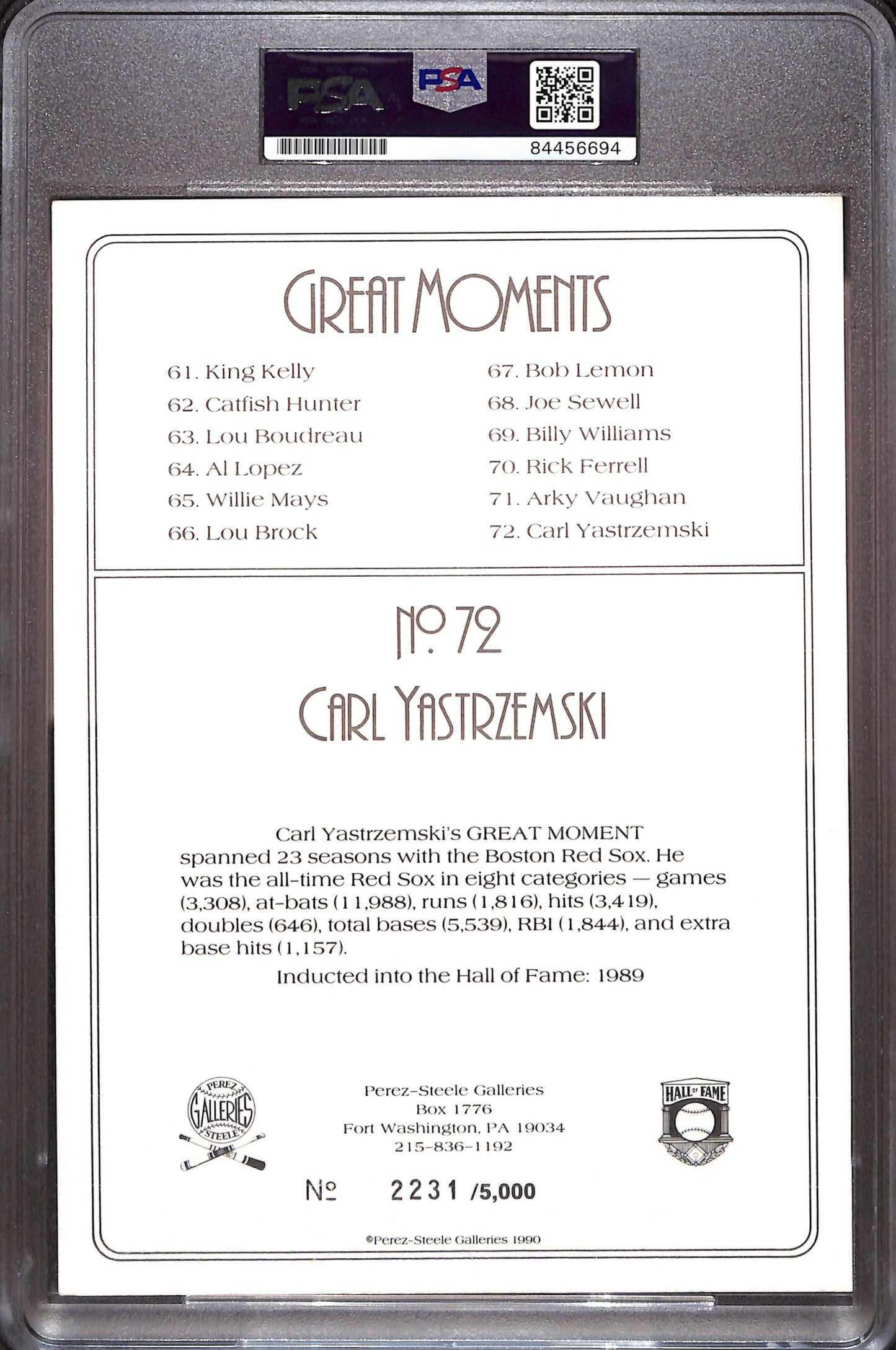 Perez-Steele Great Moments - Carl Yastrzemski - PSA/DNA Certified - Authentic Auto - 2231/5000 - Boston Red Sox - Baseball - #72