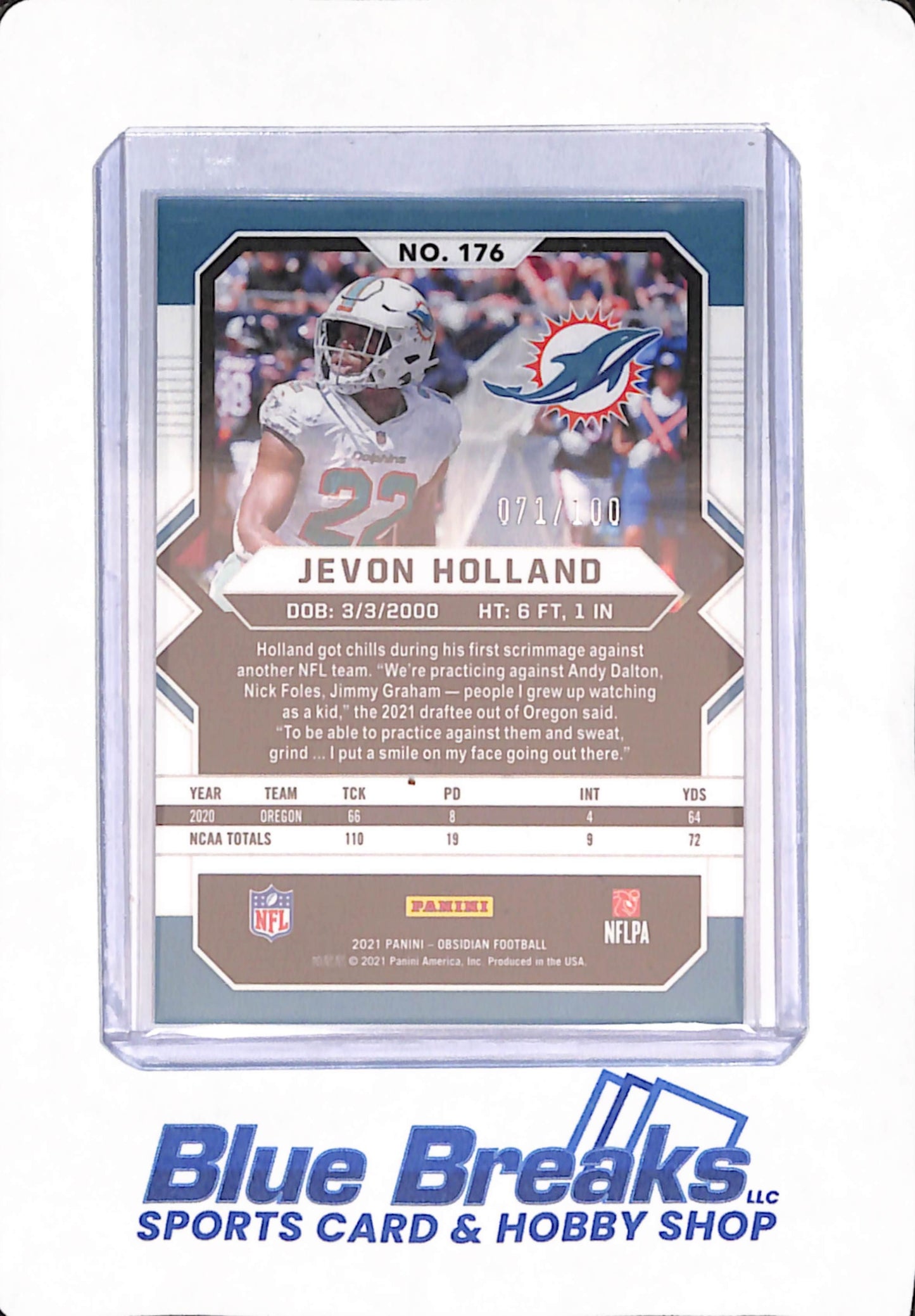 2021 Panini Obsidion - Jevon Holland - Football - Miami Dolphins - RC - 71/100 - #176