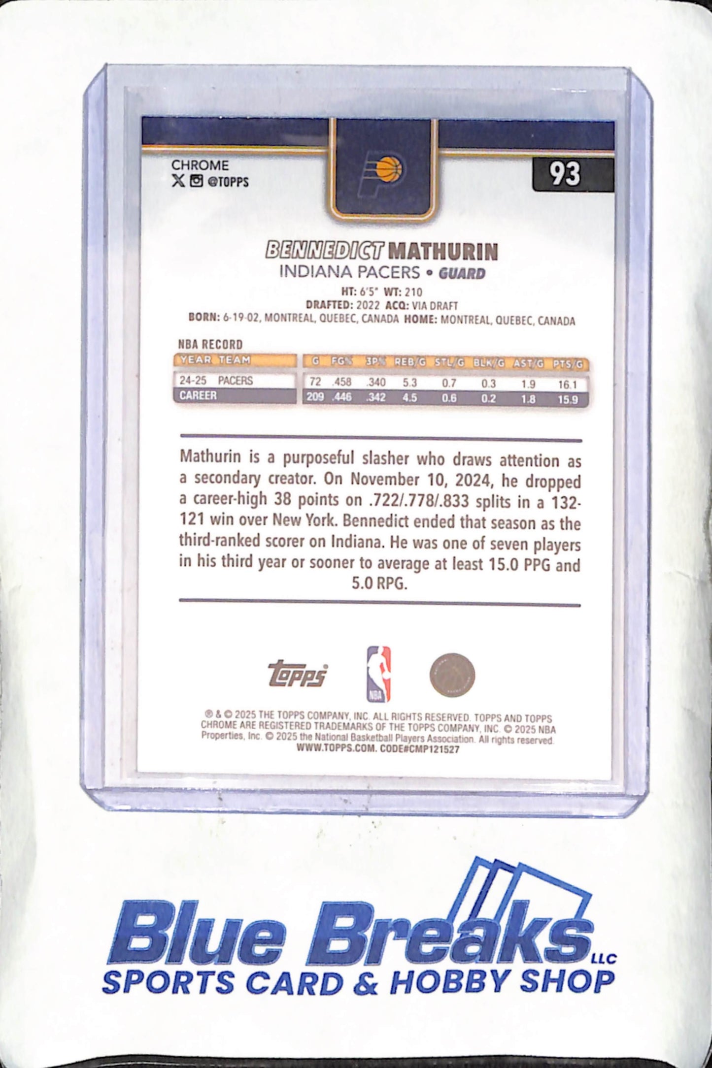 2025 Topps Chrome - Bennedict Mathurin - Blue Raywave - 125/150 - Indiana Pacers - Basketball - #93
