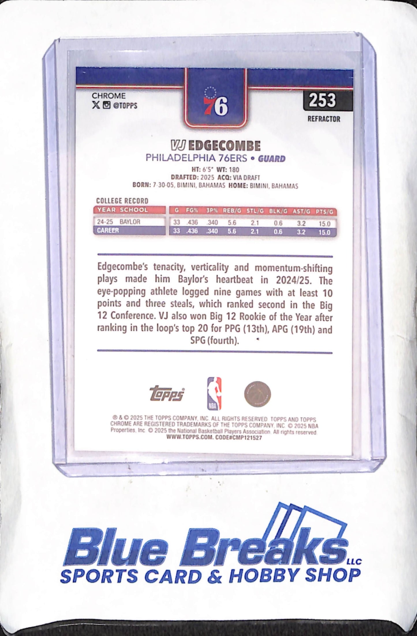2025 Topps Chrome - VJ Edgecombe - RC Refractor - Philadelphia 76ers - Basketball - #253