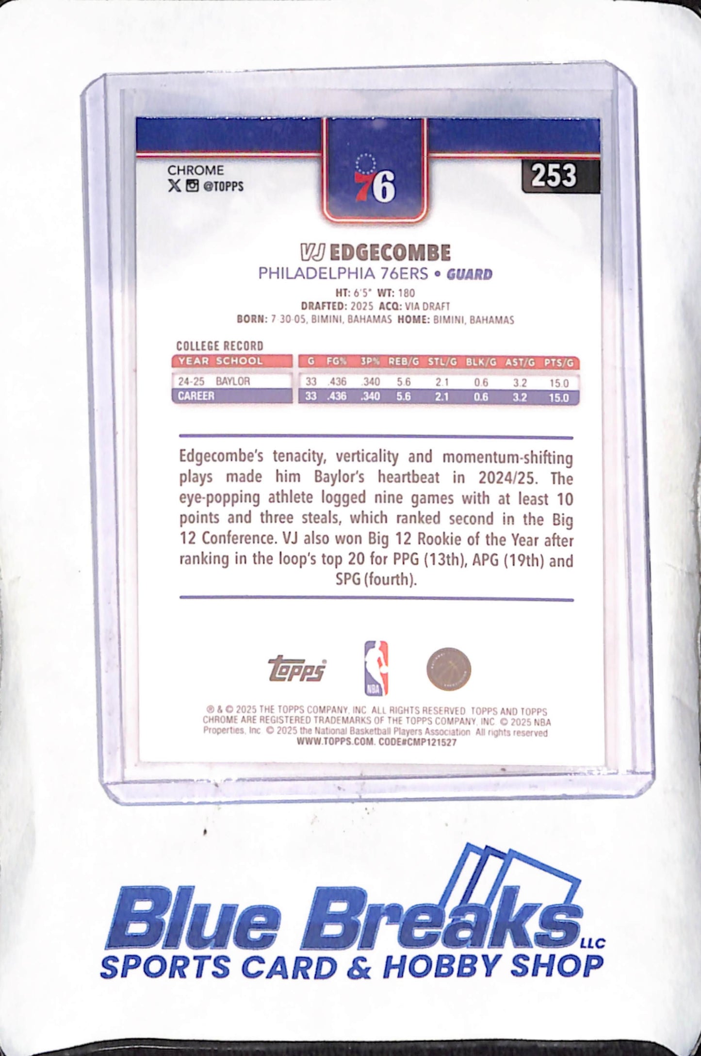 2025 Topps Chrome - VJ Edgecombe - RayWave Refractor - RC - Philadelphia 76ers - Basketball - #253