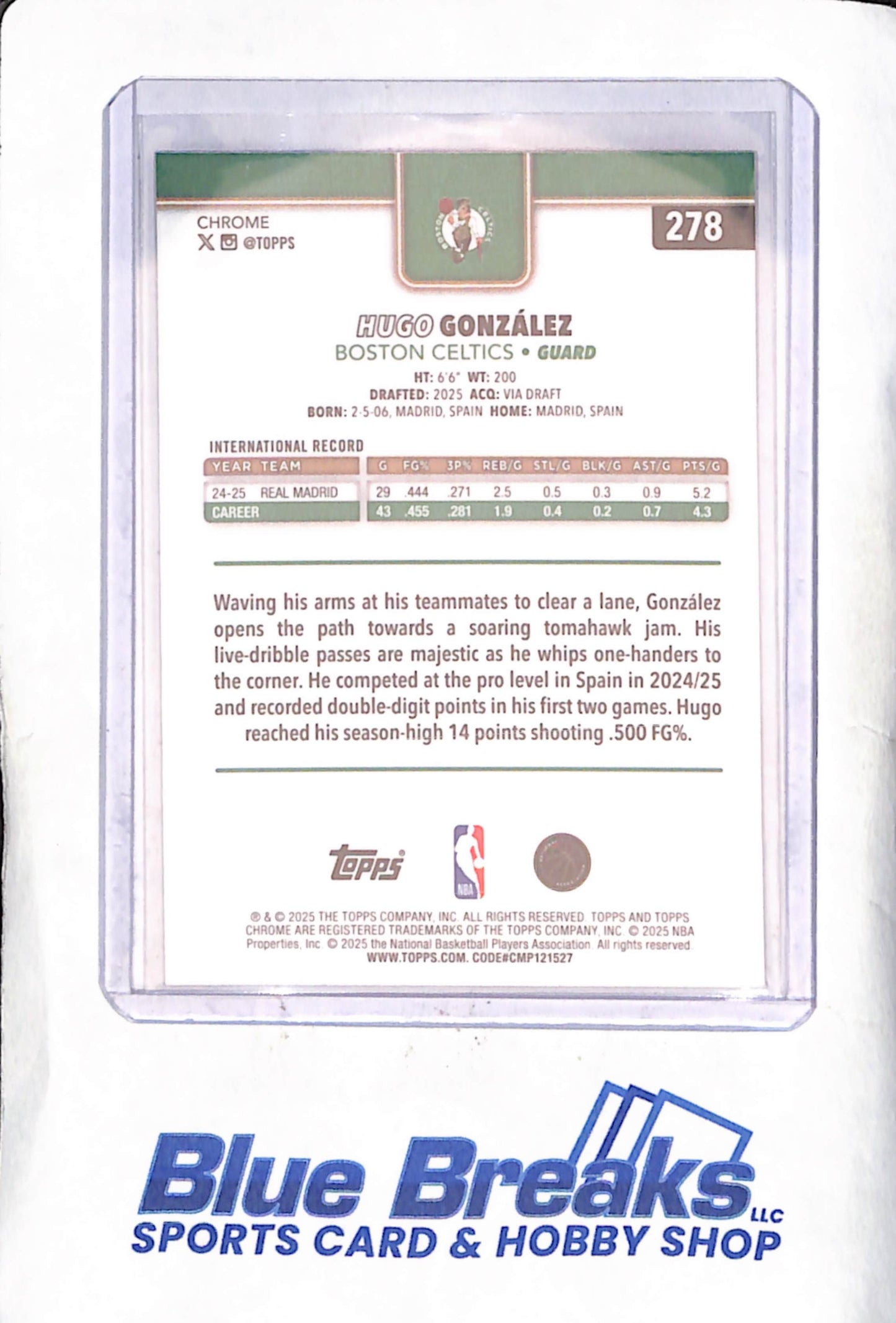2025 Topps Chrome - Hugo Gonzalez - Red, White, Blue Refractor - RC - Boston Celtics - Basketball - #278