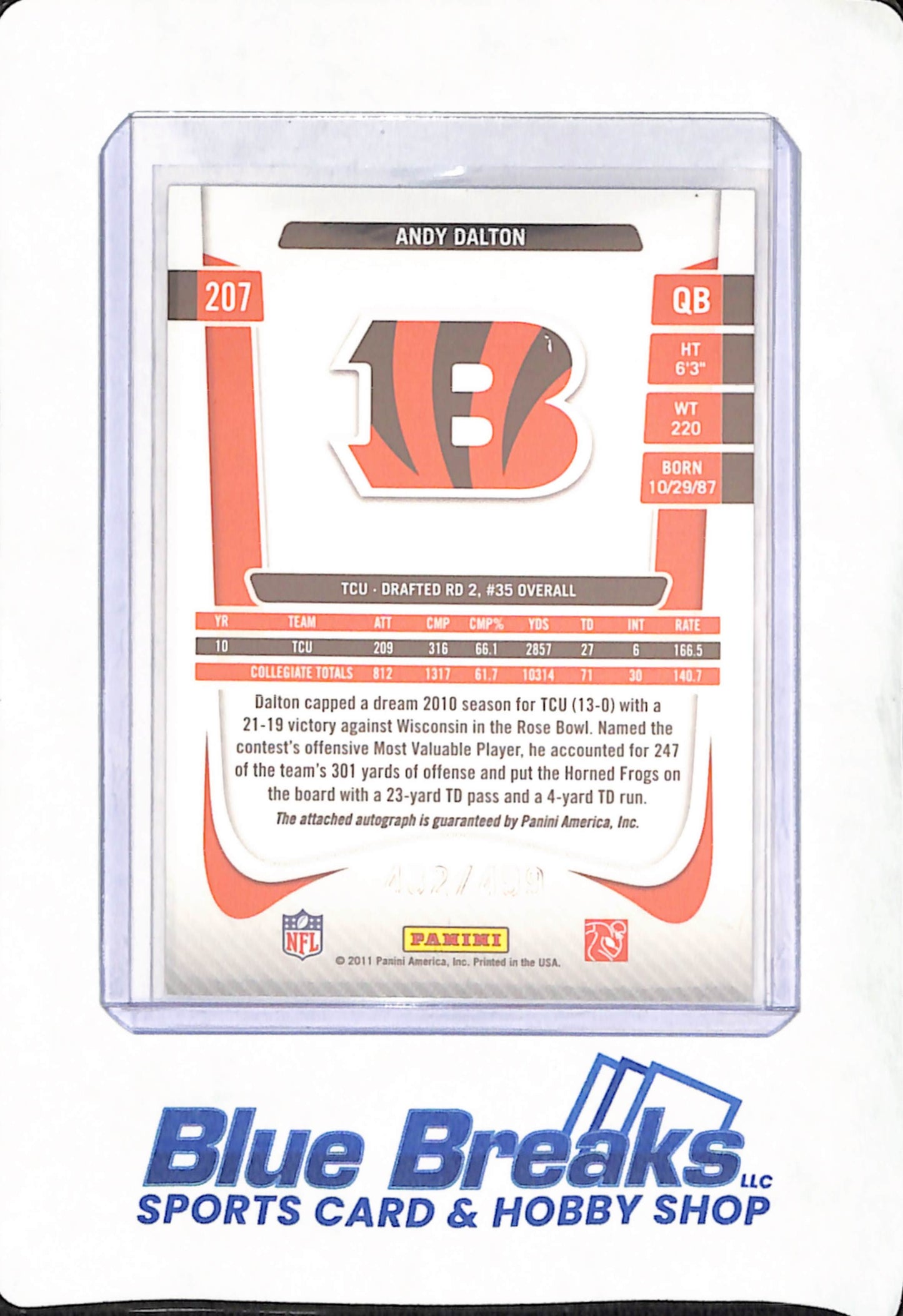 2011 Panini Prestige - Andy Dalton - Football - Cincinnati Bengals - Autograph - Draft Picks - Rookie - 432/499 - #207