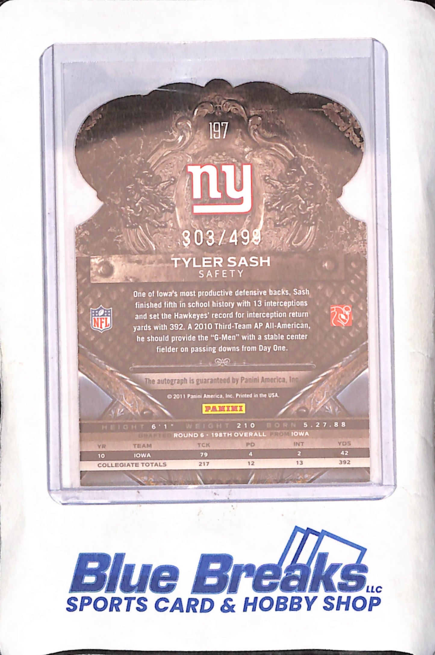 2011 Panini Crown royale - Tyler Sash - Gold - Autograph - 303/499 - Rookie - New York Giants - Football - #197
