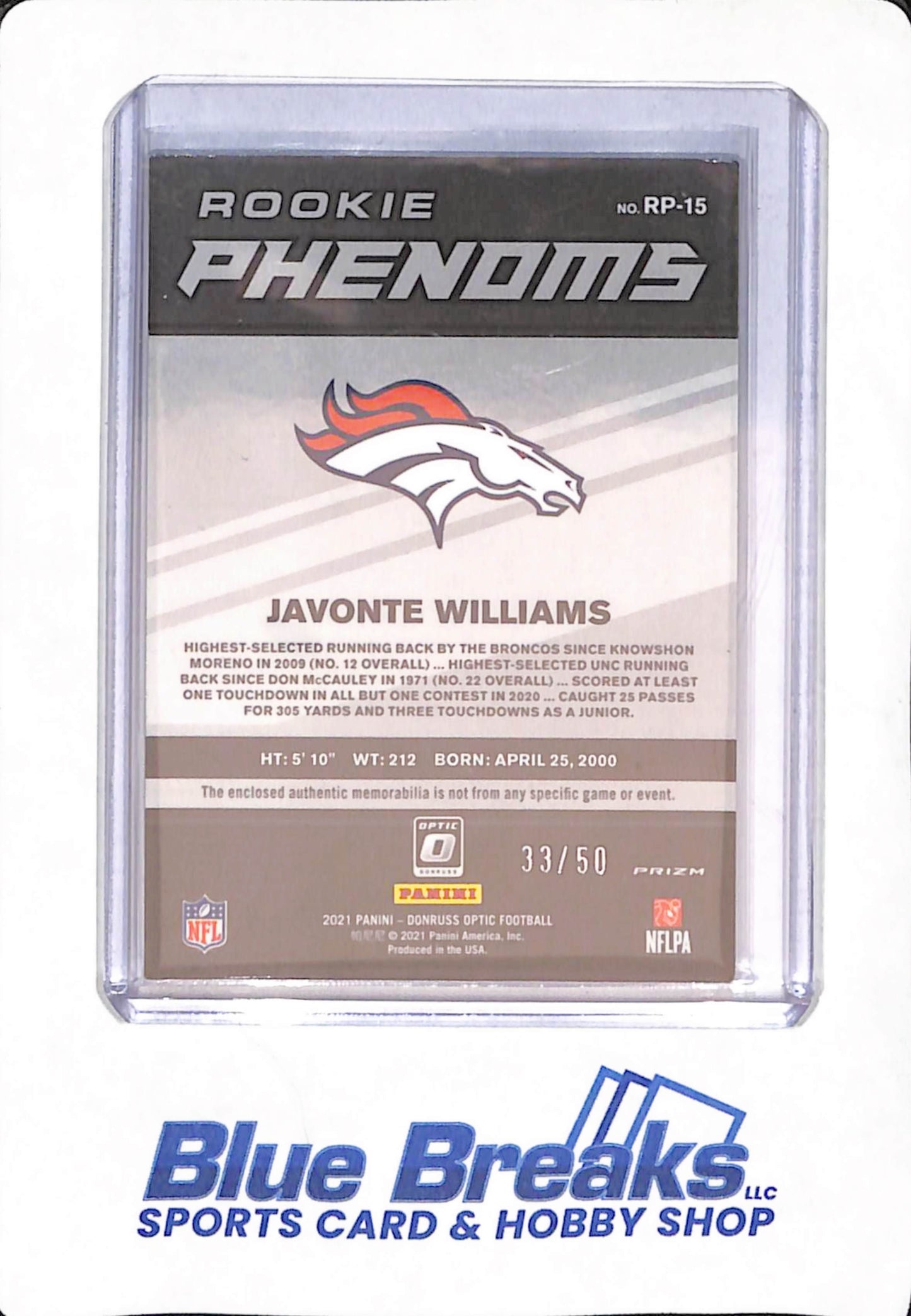 2021 Panini Donruss - Javonte Williams - Football - Denver Broncos - Rookie Phenoms - RC - 33/50 - #RP-15