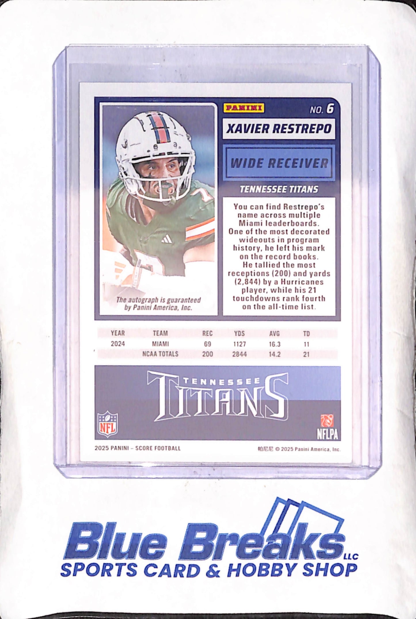2025 Panini Score - Xavier Restrepo - Rookie - Autograph - Tennessee Titans - Football - #6
