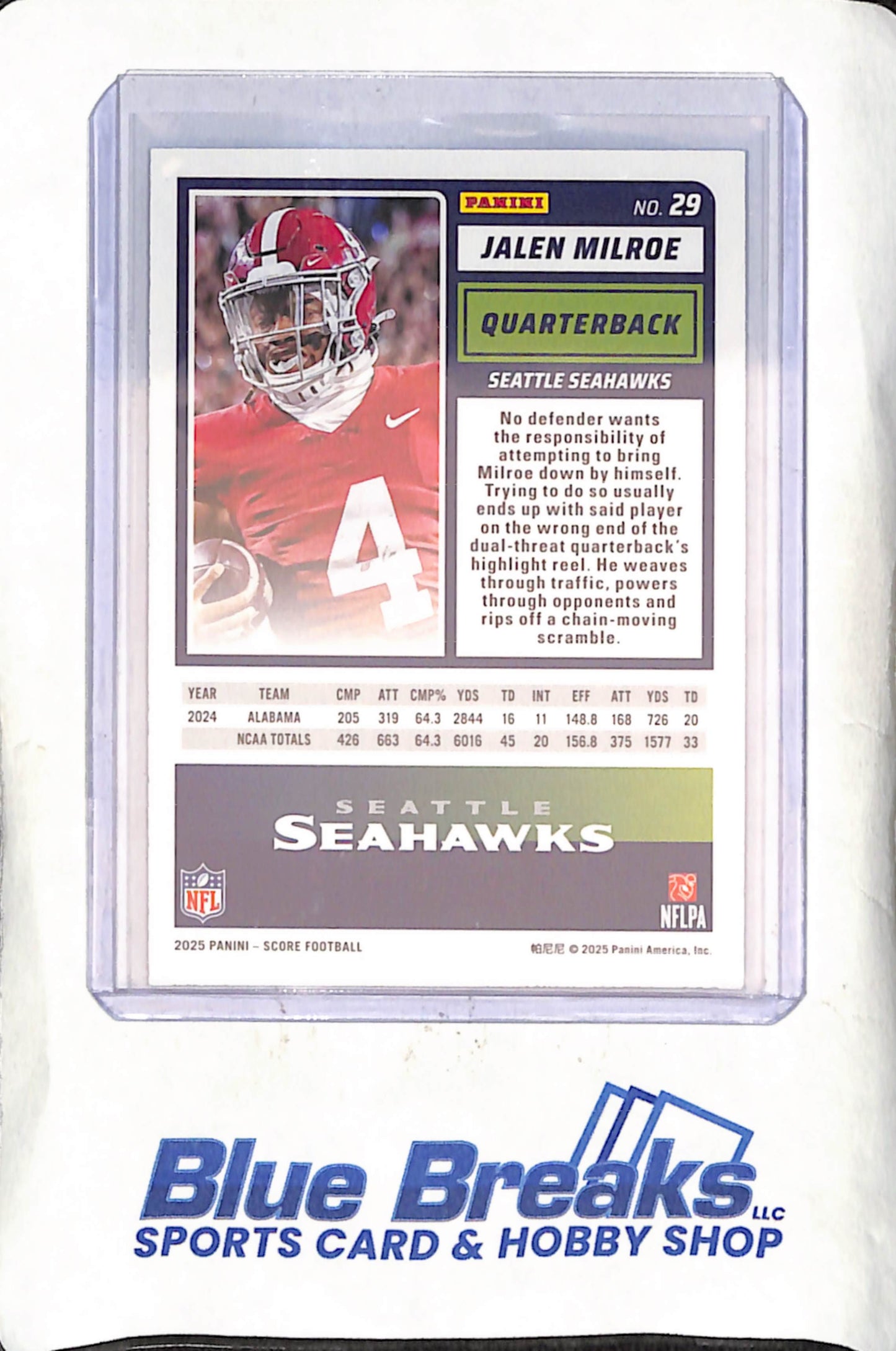 2025 Panini Score - Jalen Milroe - 339/499 - RC - Seattle Seahawks - Football - #29