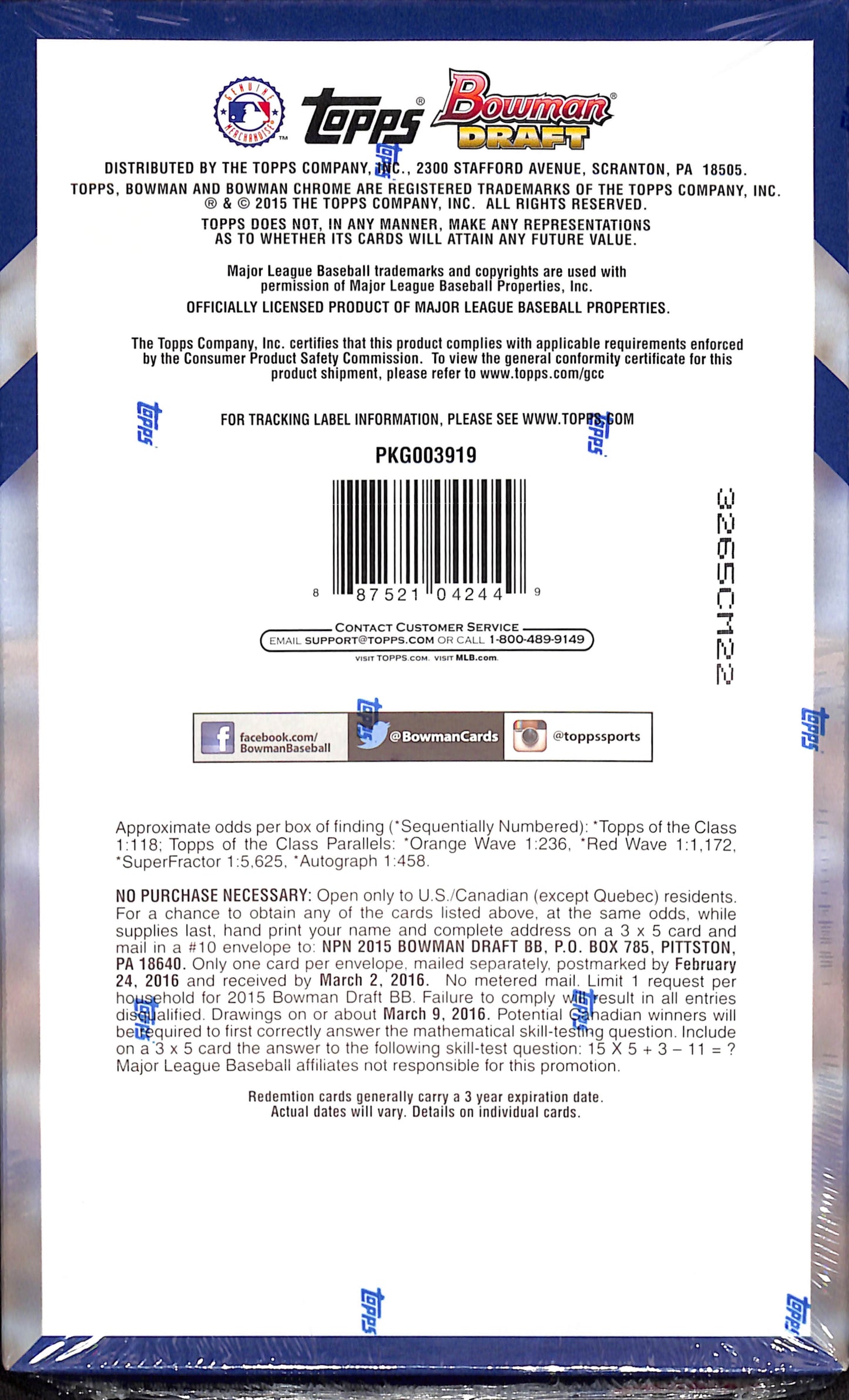 2015 Bowman Draft Baseball Hobby Box - Sealed Wax