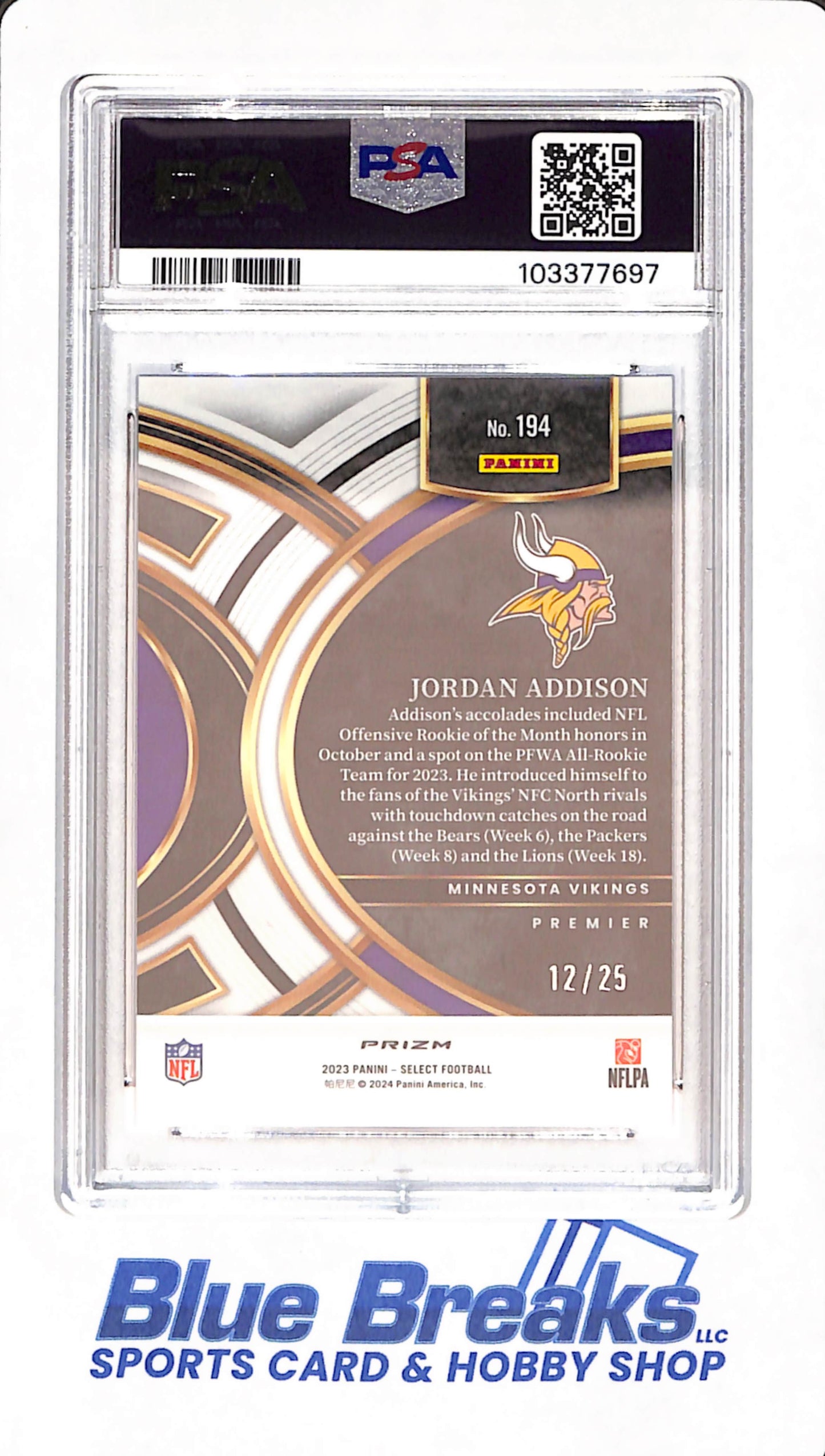 2023 Select - Jordan Addison - Minnesota Vikings - Football - Blue Disco Prizm - PSA GEM MT 10 - 12/25 - #194