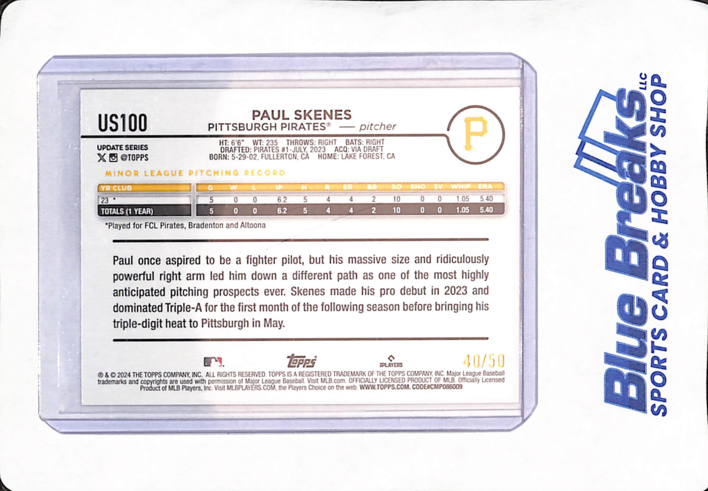 2024 Topps Update - Paul Skenes - Pittsburgh Pirates - Baseball - Mother's Day Pink - 40/50 - #US100