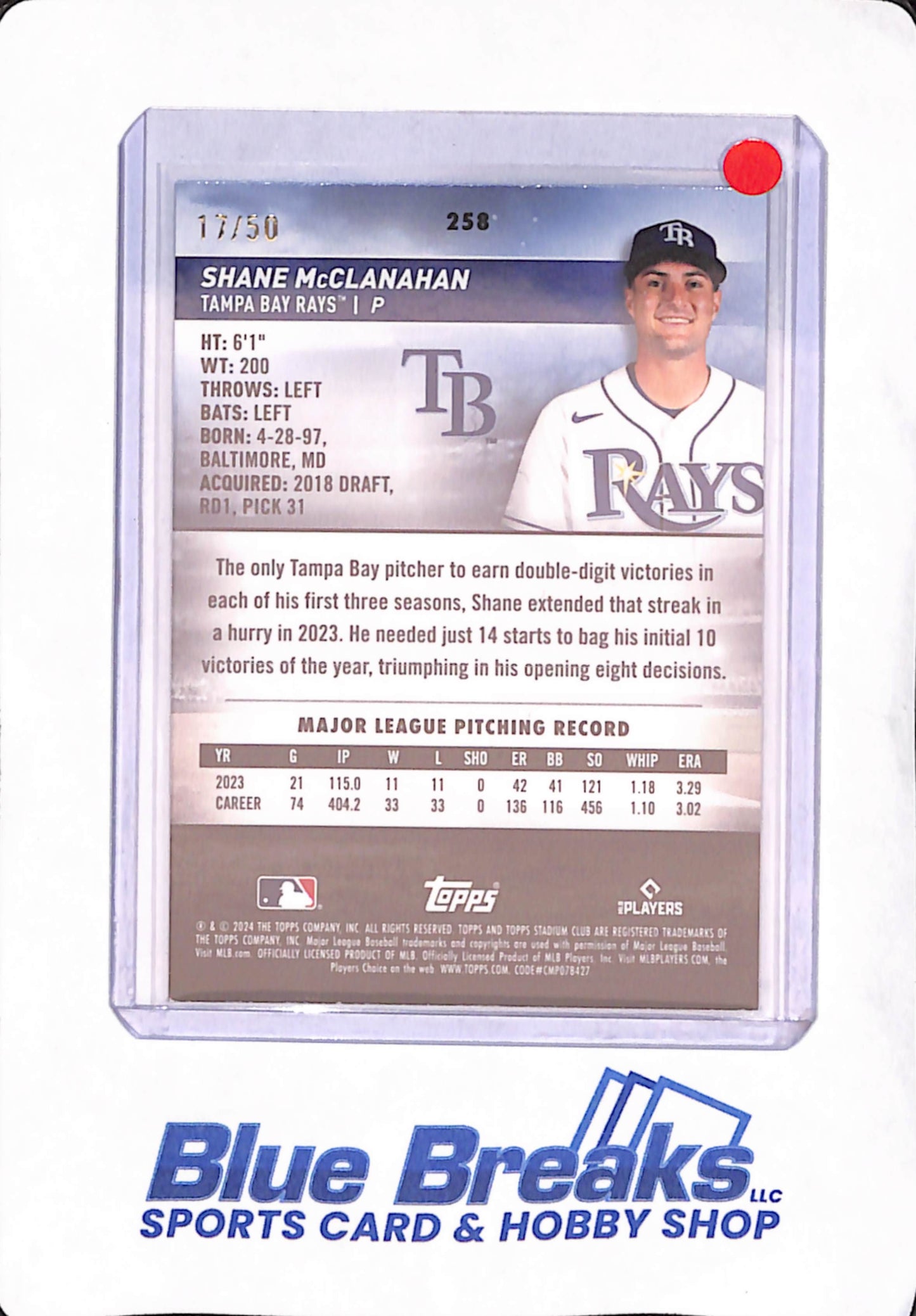 2024 Topps Stadium Club - Shane McClanahan - Tampa Bay Rays - Baseball - 17/50 - Blue #258
