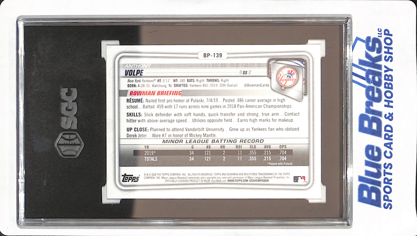 2020 Bowman - Anthony Volpe - New York Yankees - Baseball - 1st Bowman - Prospects - SGC 9 - #BP-139