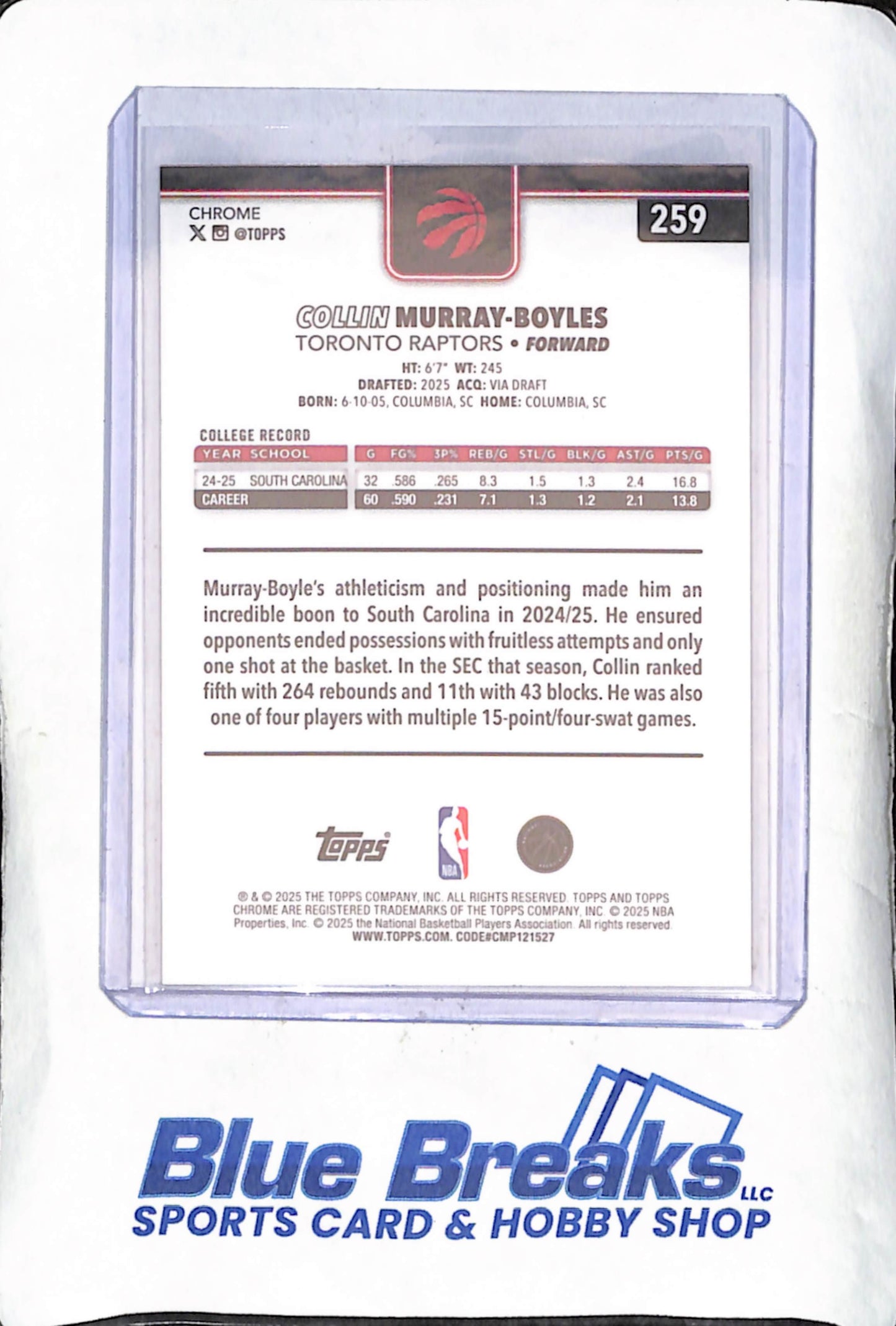 2025 Topps Chrome - Collin Murray-Boyles - Gold - 6/50 - RC - Toronto Raptors - Basketball - #259