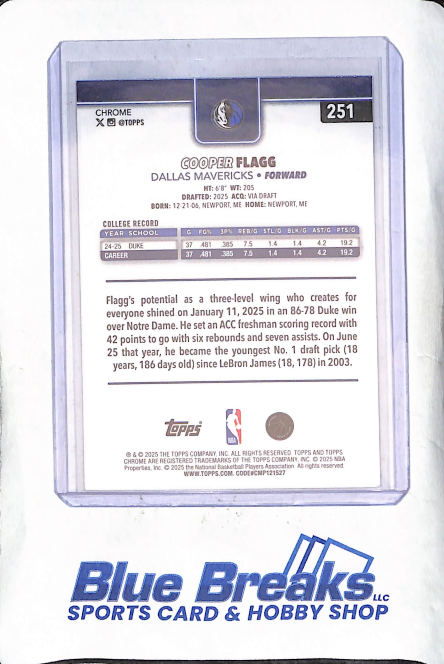 2025 Topps Chrome - Cooper Flagg - RC - Dallas Mavericks - Basketball - #251