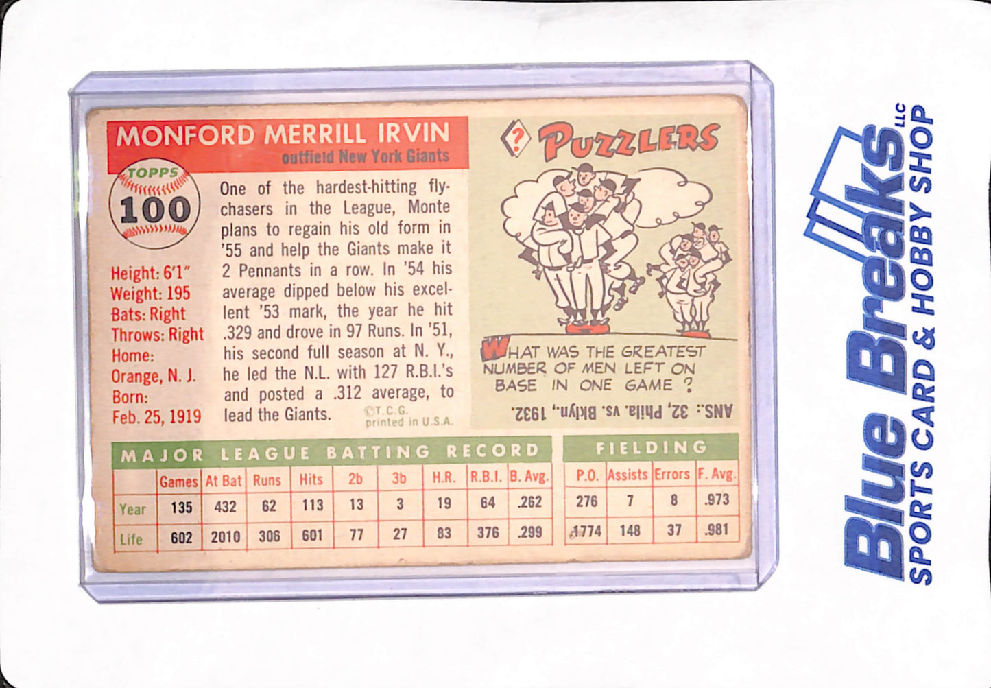 1955 Topps - Monte Irvin - New York Giants - Baseball - #100