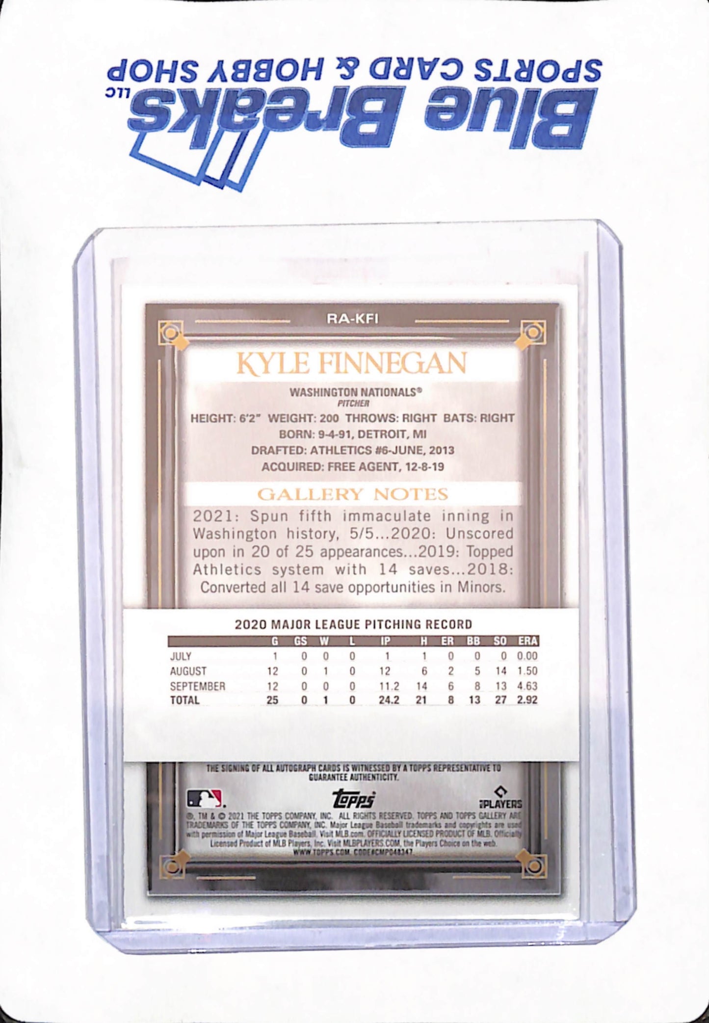 2021 Topps Gallery - Kyle Finnegan - Washington Nationals - Baseball - Autograph - RC - #RA-KFI