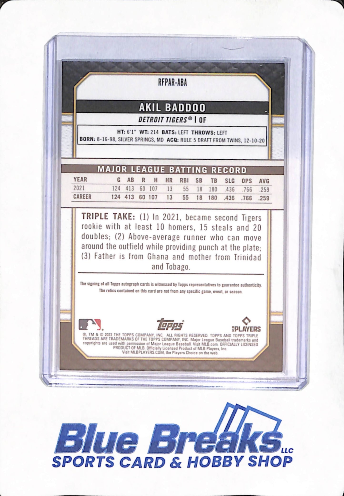 2022 Topps Triple Threads - Akil Baddoo - Detroit Tigers - Baseball - Autograph - Relic - Future Phenoms - 20/25 - #RFPAR-ABA