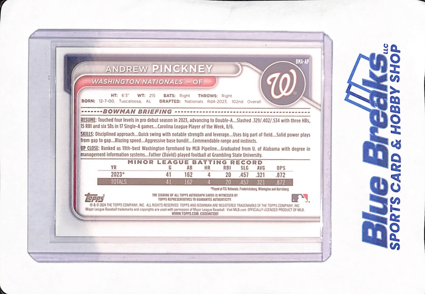 2024 Bowman - Andrew Pinckney - Washington Nationals - Baseball - Autograph - Purple Mojo - 147/199 - #BMA-AP