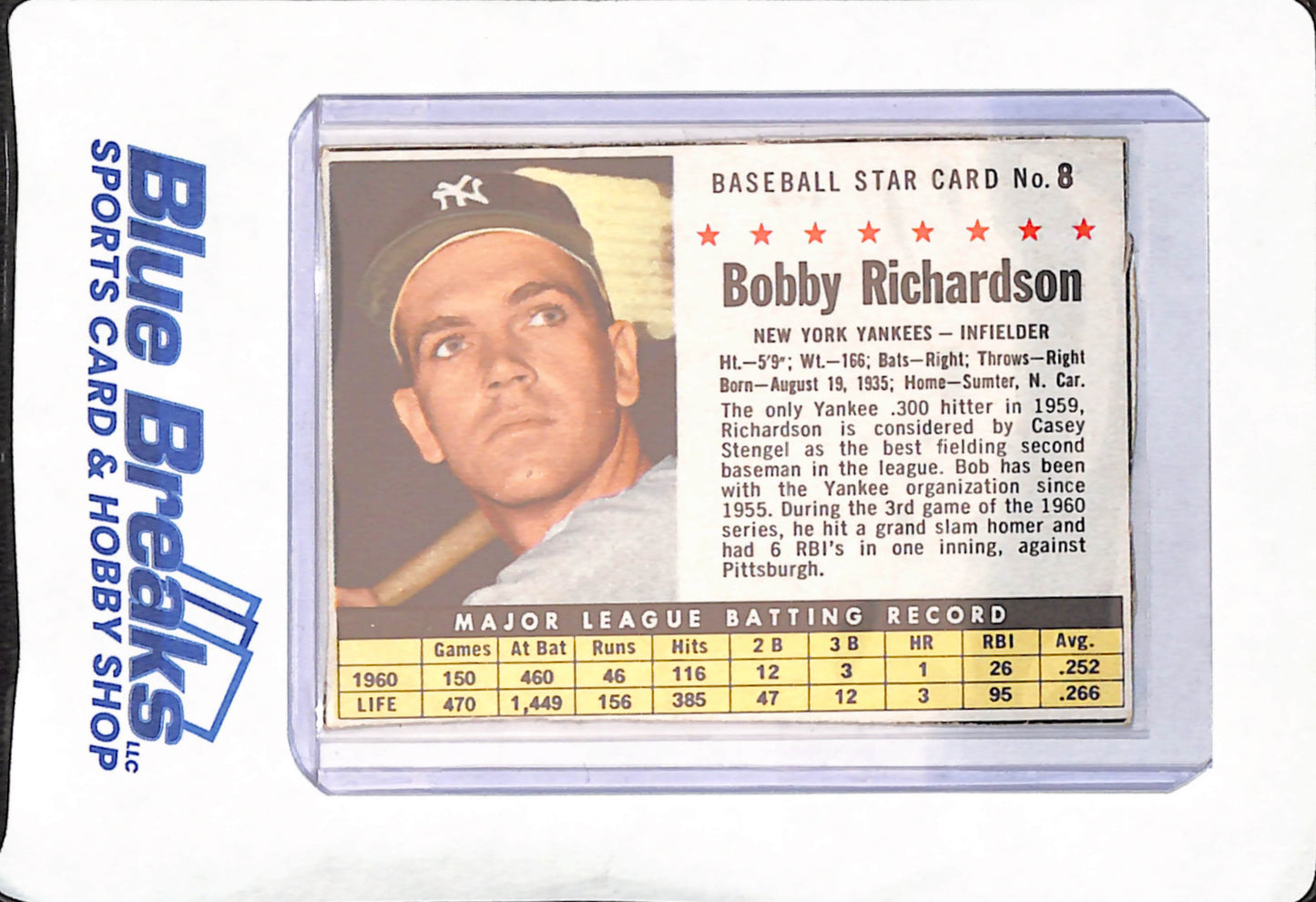 1961 Post Cereal Baseball Star Card - Bobby Richardson - New York Yankees - Baseball - #8