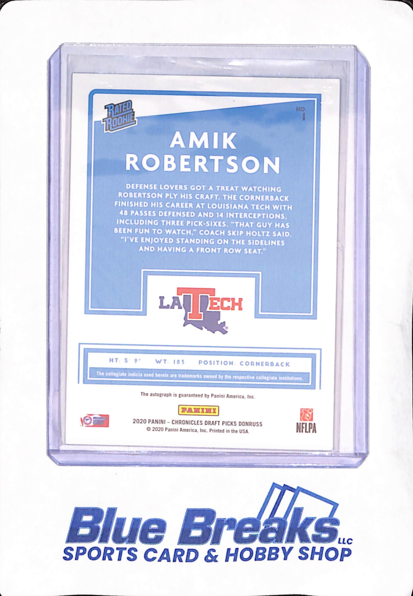 2020 Panini Donruss Chronicles Draft Picks - Amik Robertson - Los Angeles Tech - Football - Autograph - Rated Rookie - #1