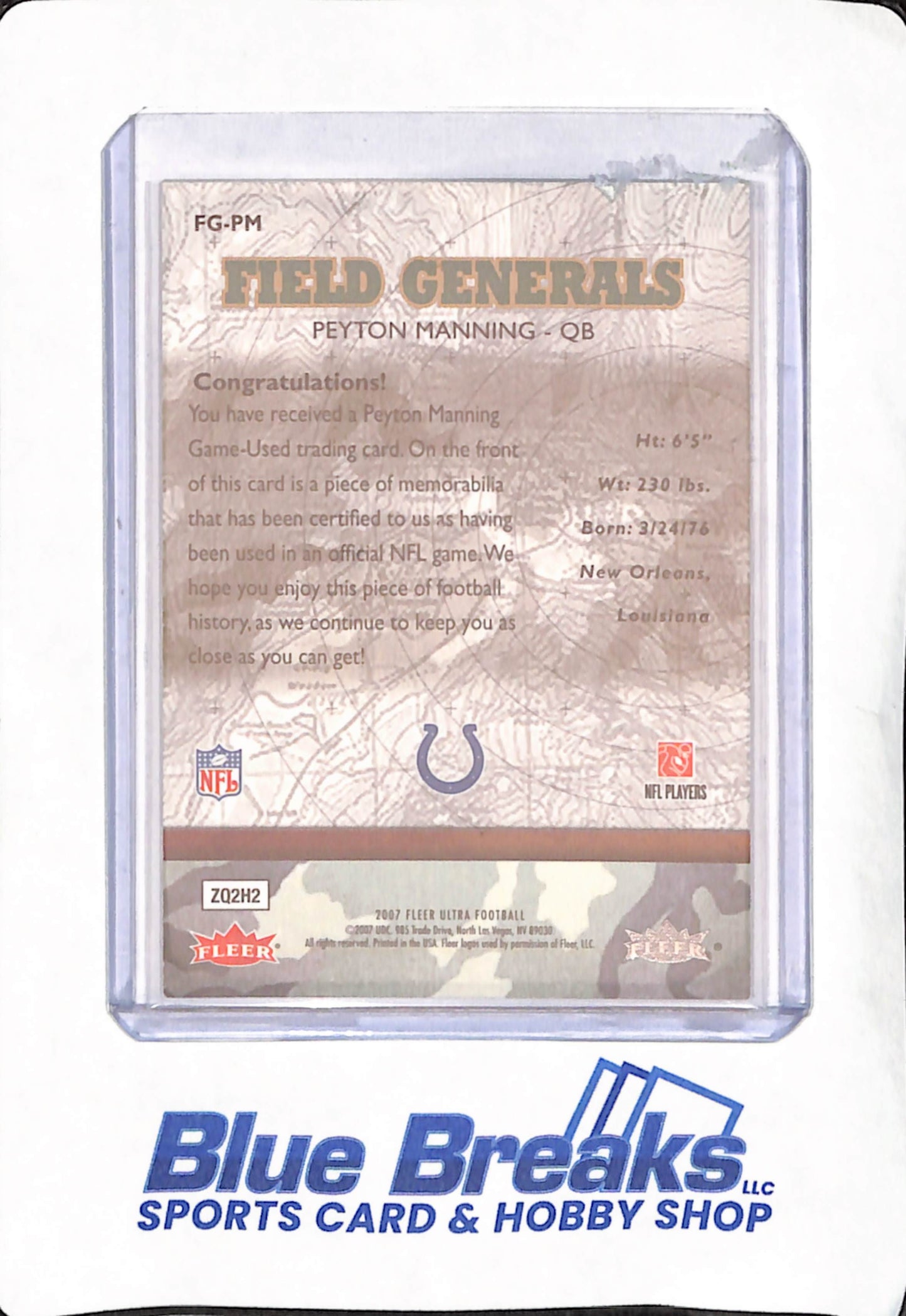 2007 Fleer Ultra - Peyton Manning - Indianapolis Colts - Football - Game Used Relic - Field Generals - #FG-PM