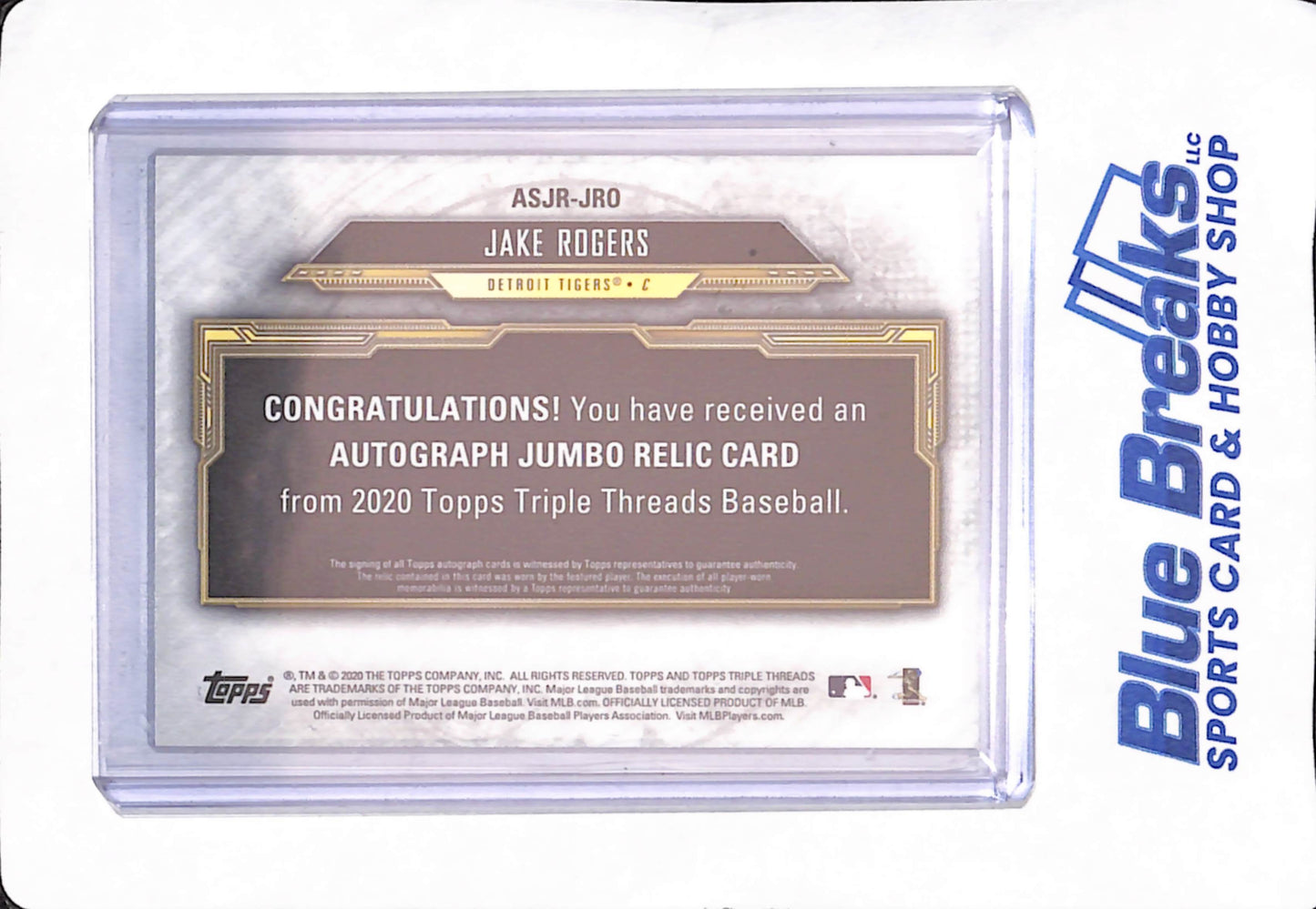 2020 Topps Triple Threads - Jake Rogers - Detroit Tigers - Autograph - Jumbo Relic - RC - Green - 43/50 - #ASJR-JRO