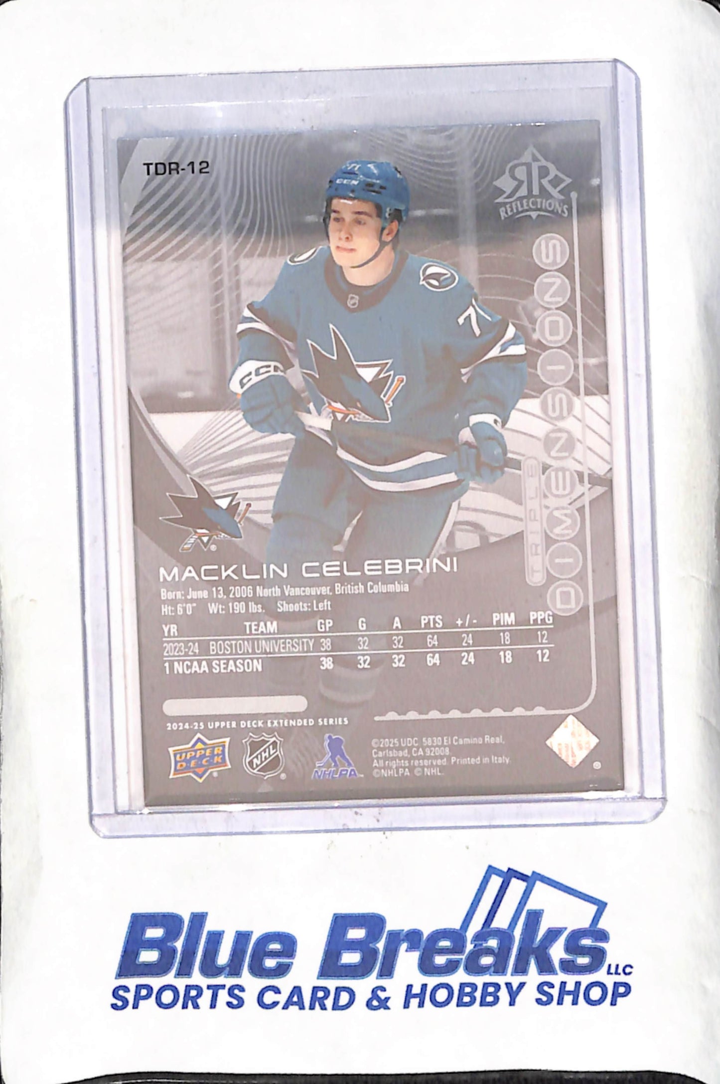 2024-25 Upper Deck Extended Series - Macklin Celebrini - Triple Dimension Reflections - San Jose Sharks - Hockey - #TBR-12