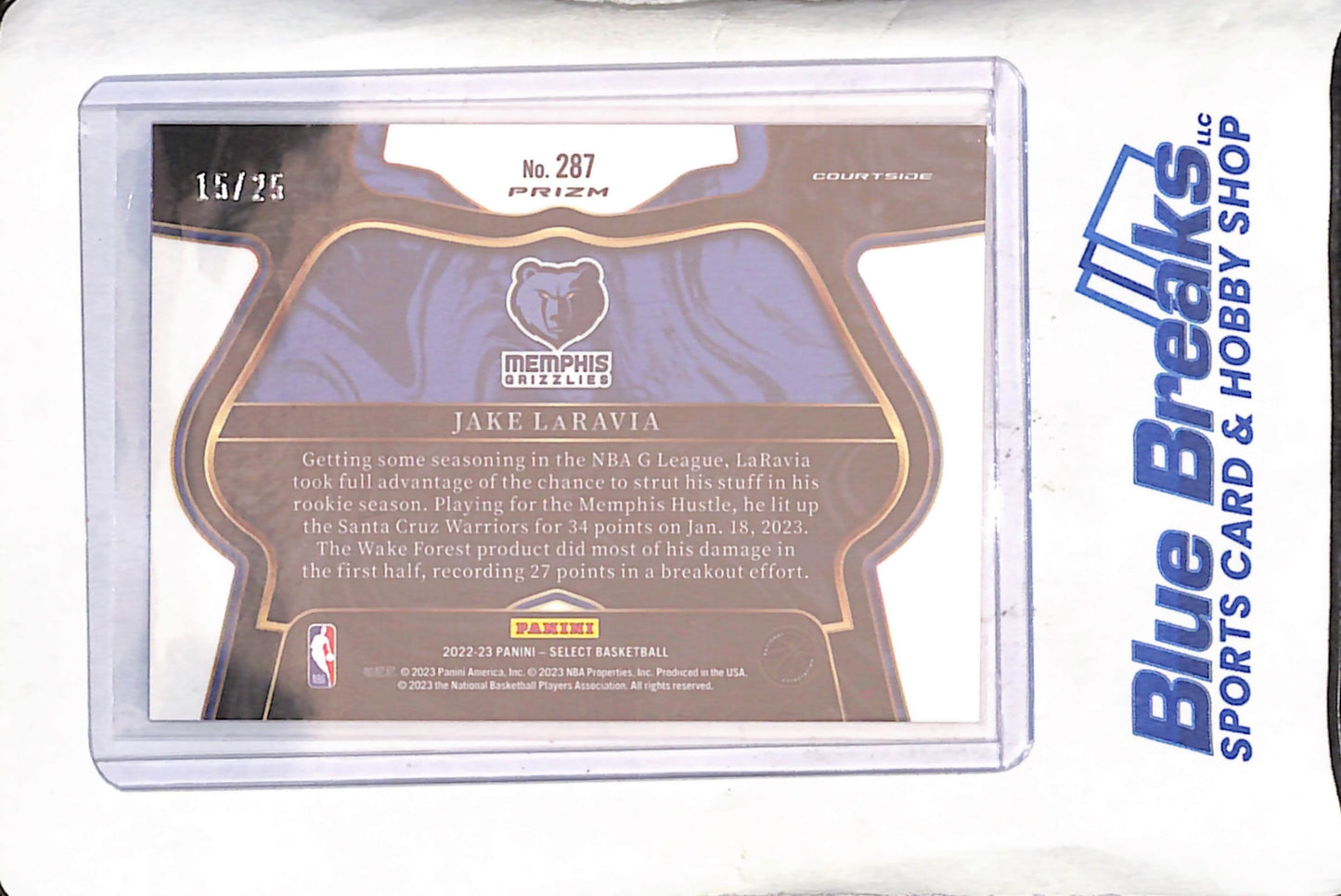 2022-23 Panini Select - Jake LaRavia - Blue Disco - 15/25 - RC - Memphis Grizzlies - Basketball - #287
