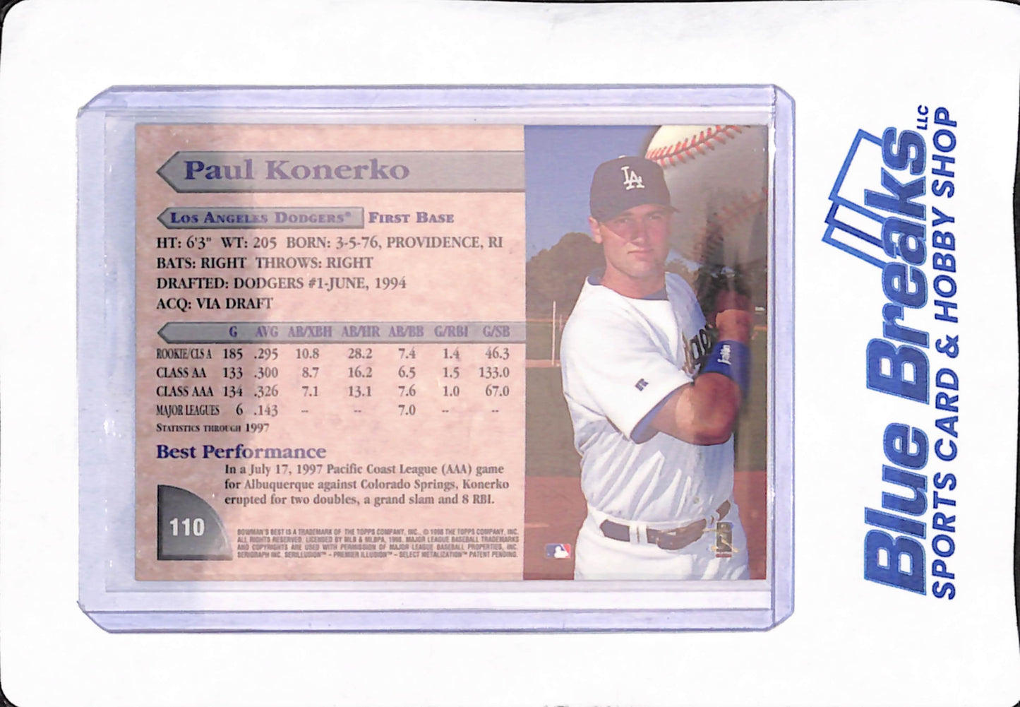 1998 Bowman's Best Certified Autograph Issue - Paul Konerko - Los Angeles Dodgers - Baseball - #110