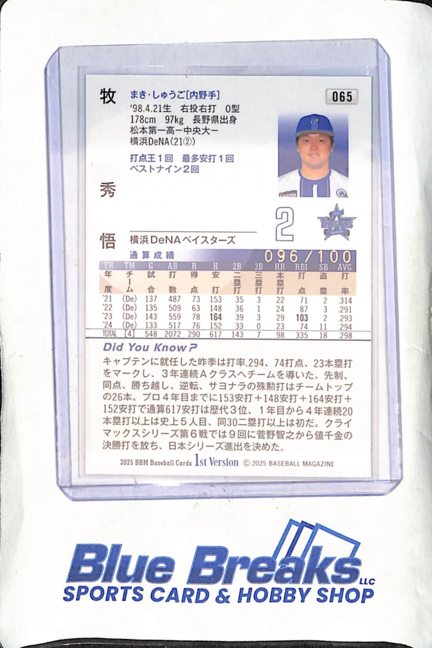 2025 BBM Baseball Cards 1st Version - Shugo Maki - 96/100 - Yokohama DeNA Baystars - Japanese Baseball - Baseball - #65