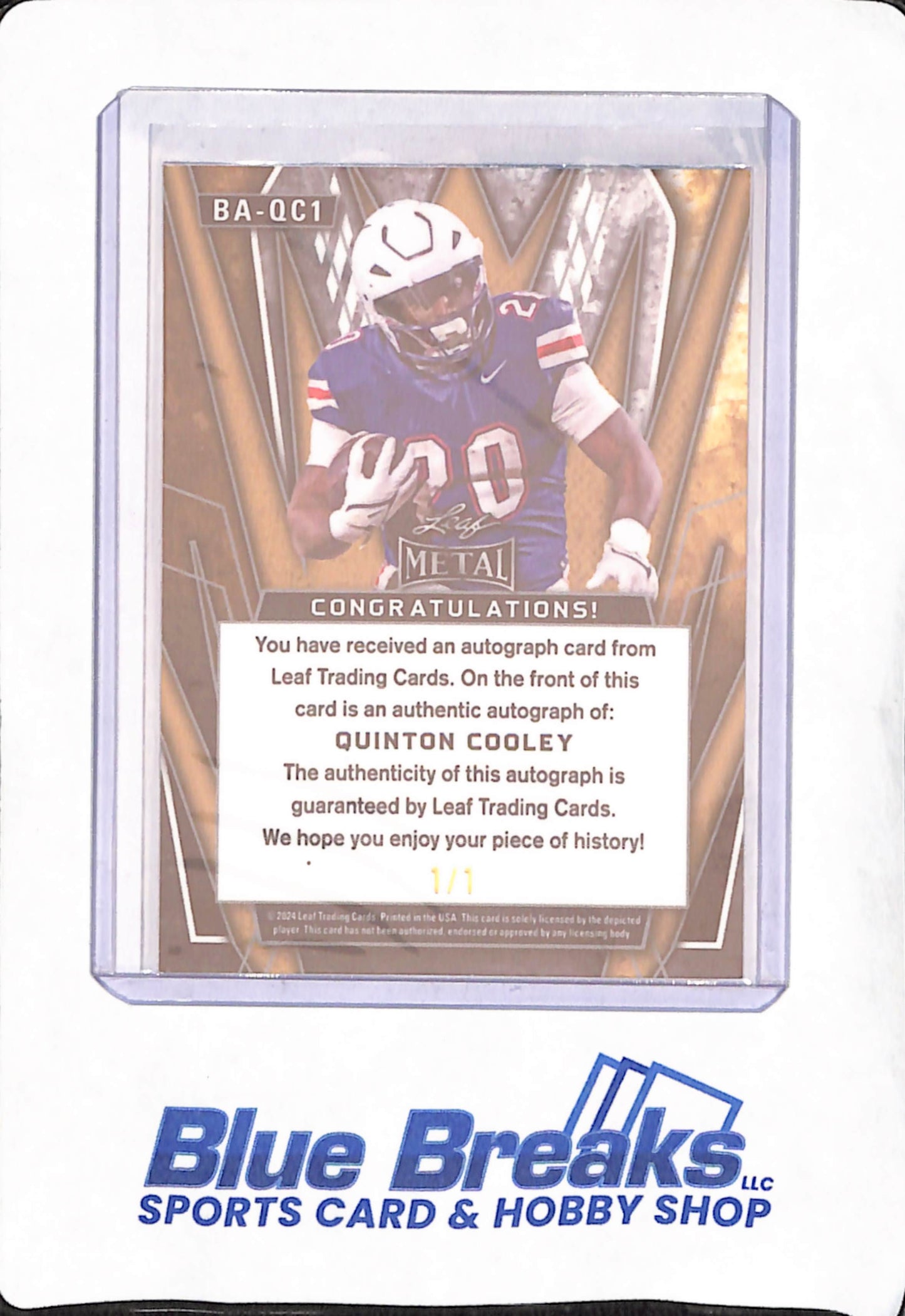 2024 Leaf - Quinton Cooley - Football - Liberty Flames - 1/1 - # BA-QC1
