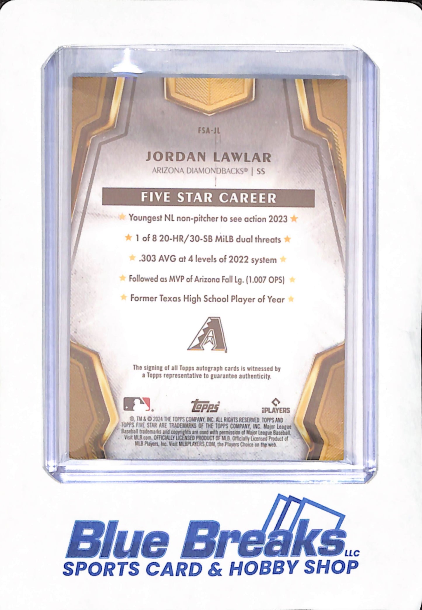 2024 Topps Five Star - Jordan Lawlar - Autograph - Arizona Diamondbacks - Baseball - Blue - RC - 24/25 - #FSA-JL