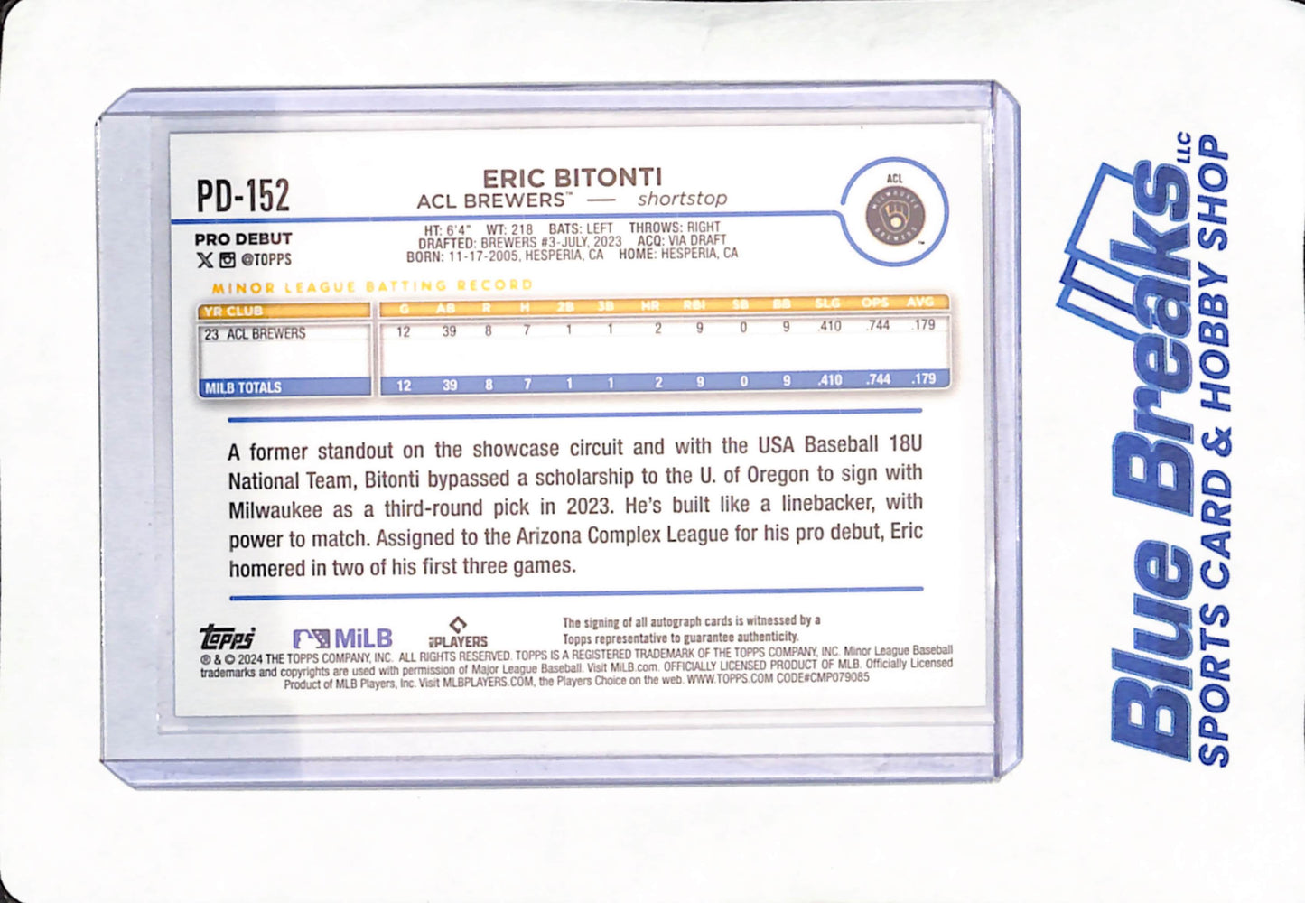 2024 Pro Debut - Eric Bitoni - Autograph - ACL Brewers - Baseball - #PD-152