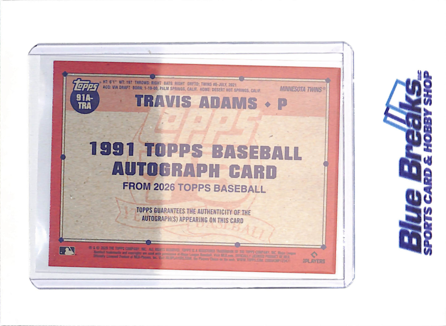 2026 Topps - Travis Adams - 1991 Autograph - RC - Minnesota Twins - Baseball - #91A-TRA