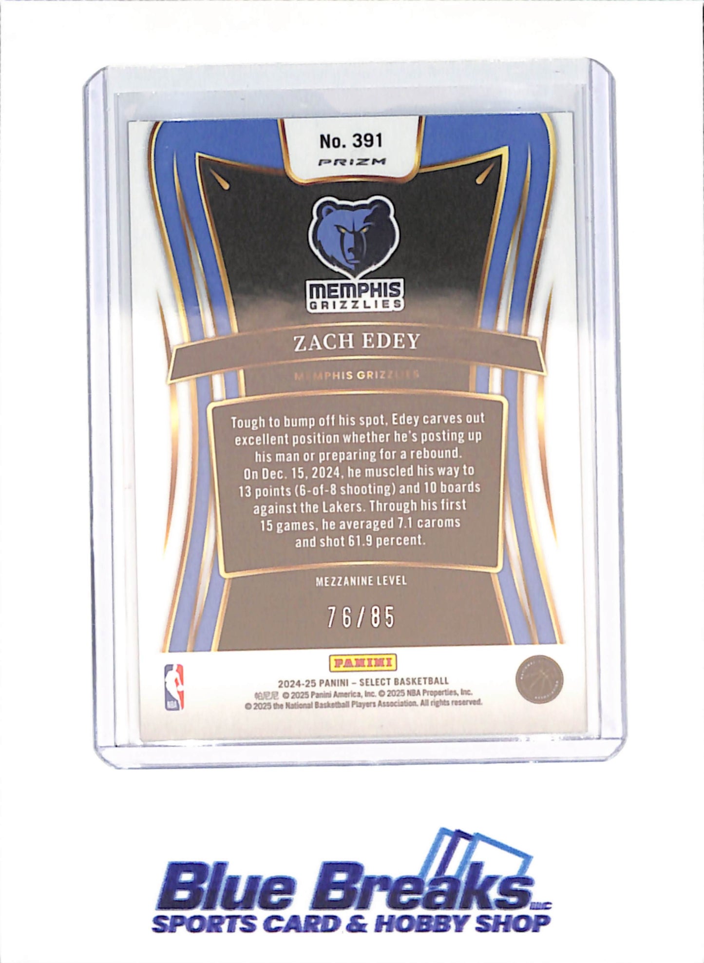 2024-25 Panini Select - Zach Edey - RC - 76/85 - Memphis Grizzlies - Basketball - #391