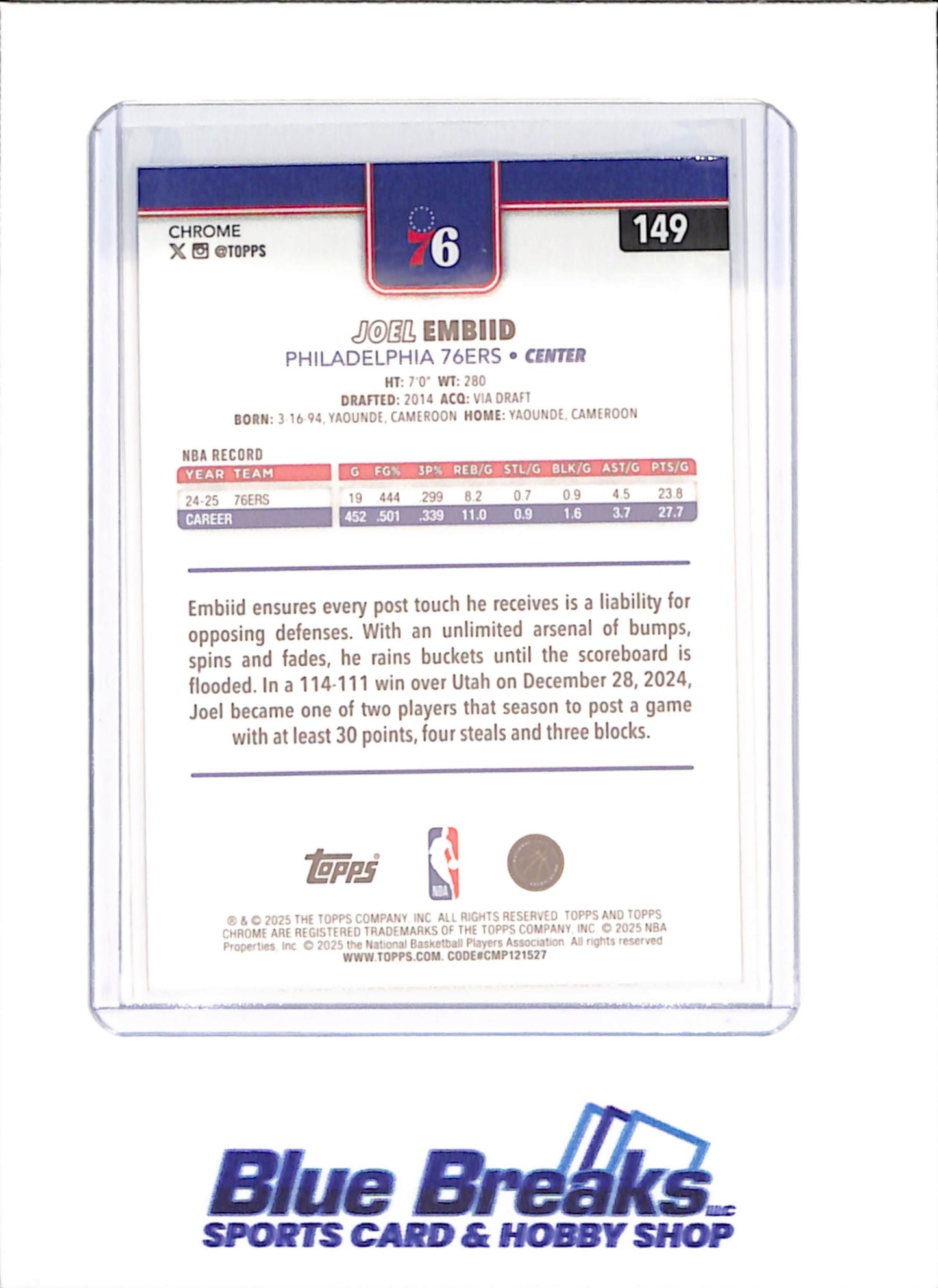 2025 Topps Chrome - Joel Embiid - Purple Pulsar - 4/75 - Philadelphia 76ers - Basketball - #149