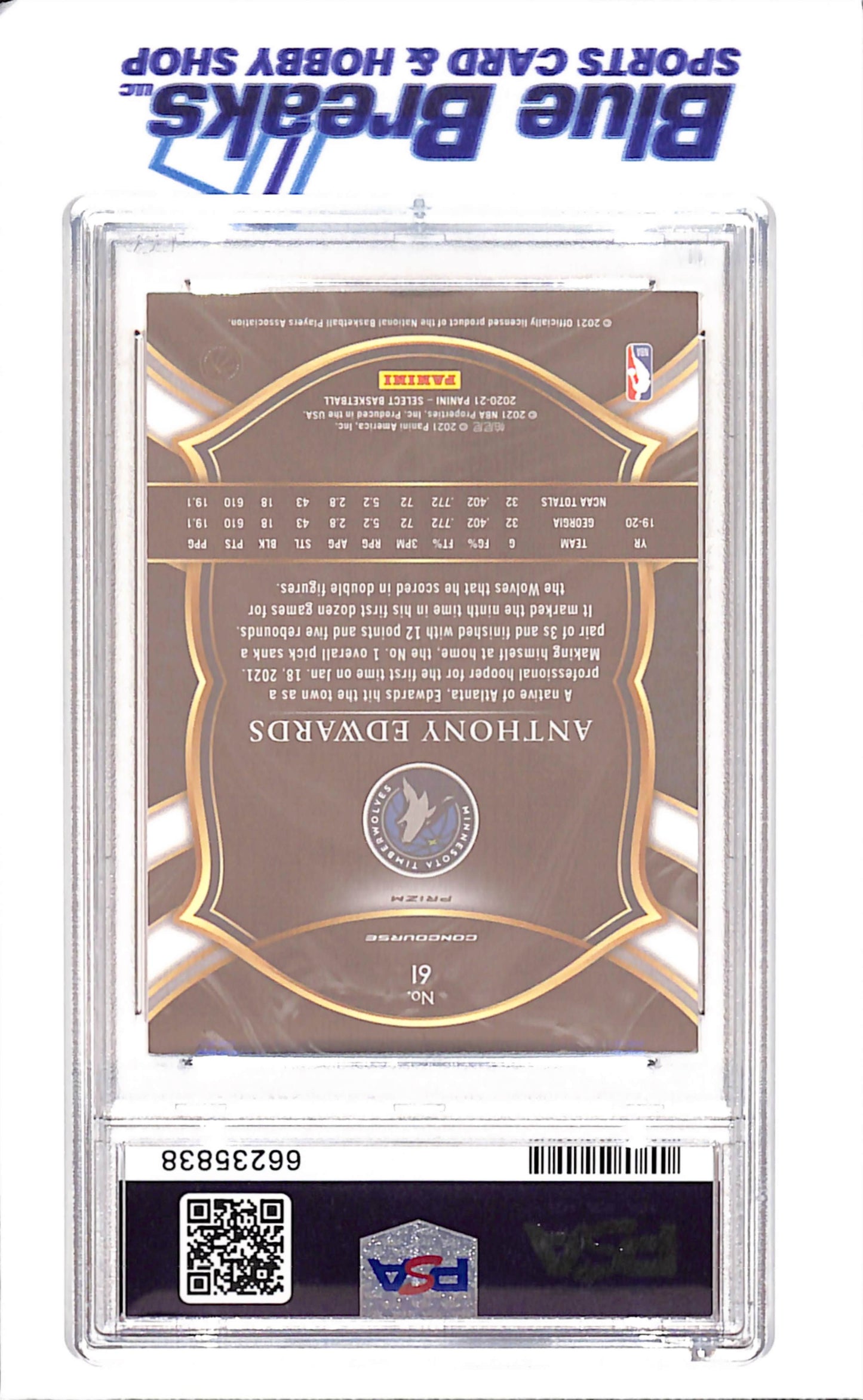 2020 Panini Select - Anthony Edwards - Blue Prizm - RC - PSA 9 - Minnesota Timberwolves - Basketball - #61