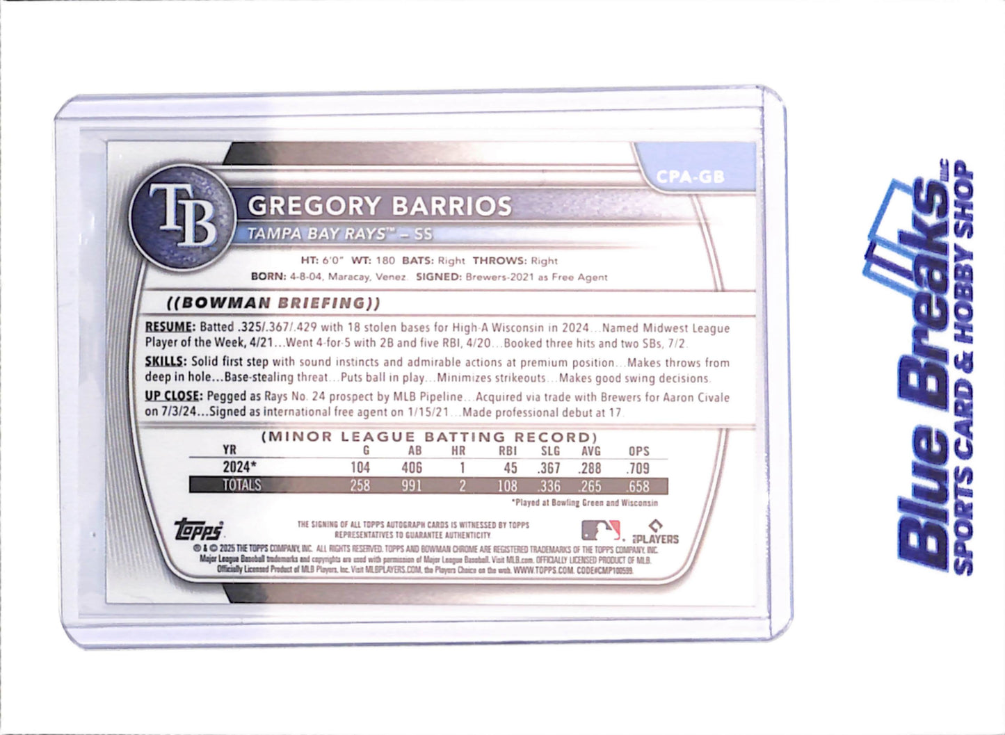2025 Bowman Chrome - Gregory Barrios - 1st Bowman Autograph - Tampa Bay Rays - Baseball - #CPA-GB