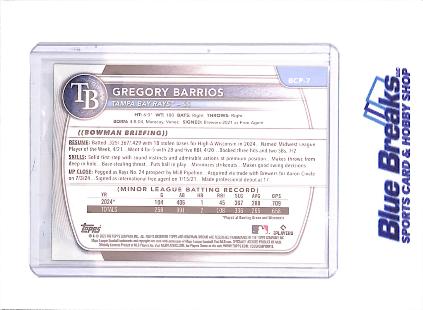 2025 Bowman Chrome Sapphire - Gregory Barrios - Yellow 1st Bowman - 32/75 - Tampa Bay Rays - Baseball - #BCP-7