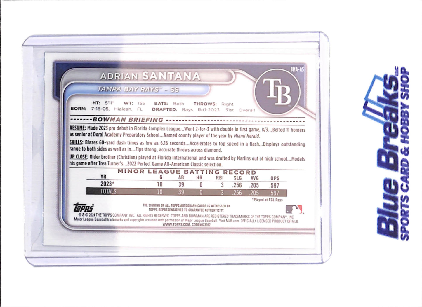 2025 Bowman Chrome - Adrian Santana - Mojo Auto - Tampa Bay Rays - Baseball - #BMA-AS