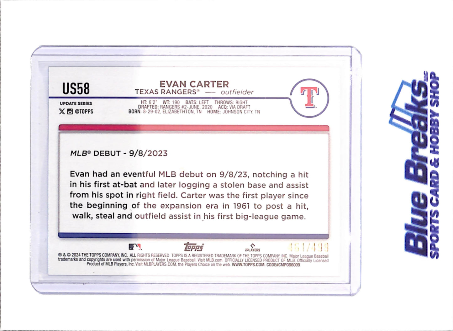 2024 Topps Update - Evan Carter - RC - Debut - Green Crackle - 461/499 - Texas Ranger - Baseball - #US58