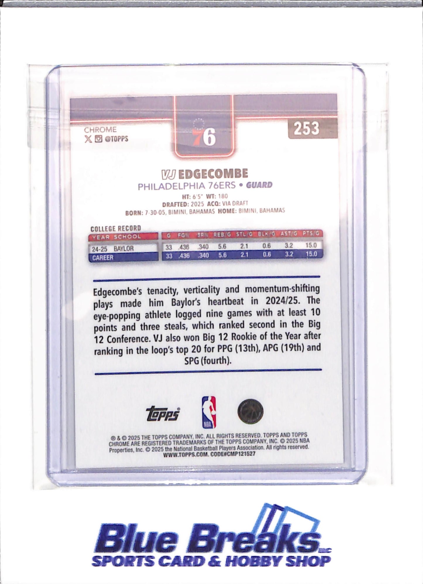 2025 Topps Chrome - Image Variation - VJ Edgecombe - RC - #253 - basketball - 76ers