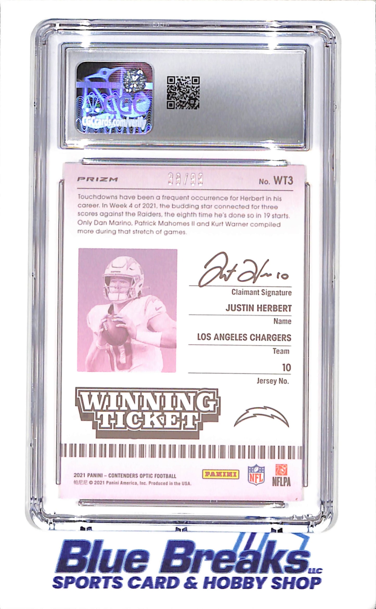 2021 Panini Contenders Optic - Justin Herbert - Winning Ticket - Blue - 39/99 - CGC 10 - Los Angeles Chargers - Football - #WT3