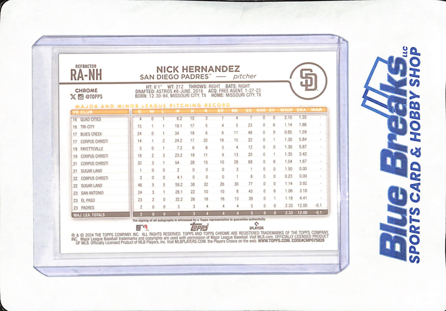 2024 Topps Chrome - Nick Hernandez - Autograph - San Diego Padres - RC - Baseball - 018/499 - #RA-NH